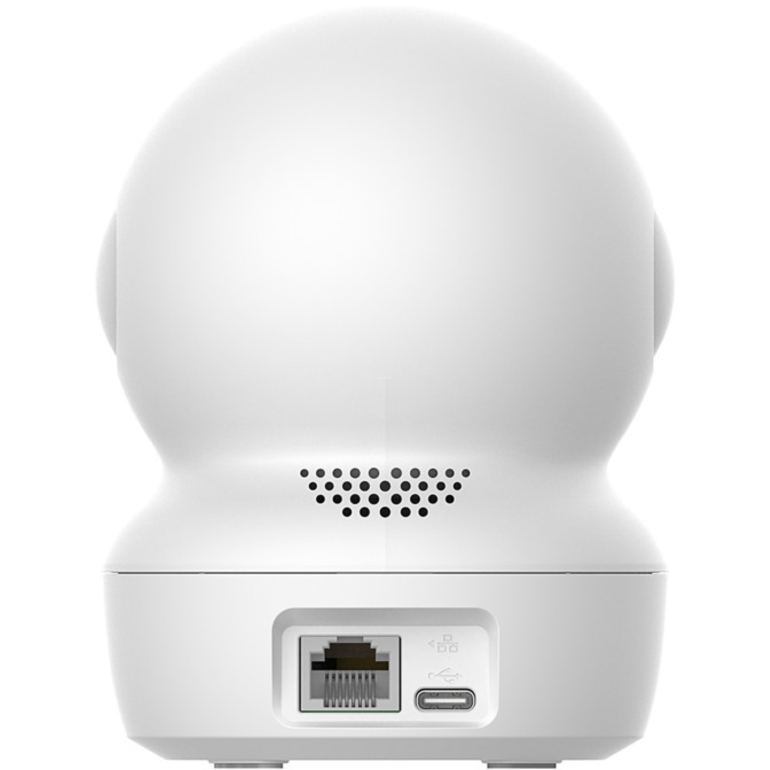 Een witte beveiligingscamera wordt getoond. Het heeft een afgeronde bovenkant en een basis met poorten voor ethernet en USB, met een luidsprekerrooster.