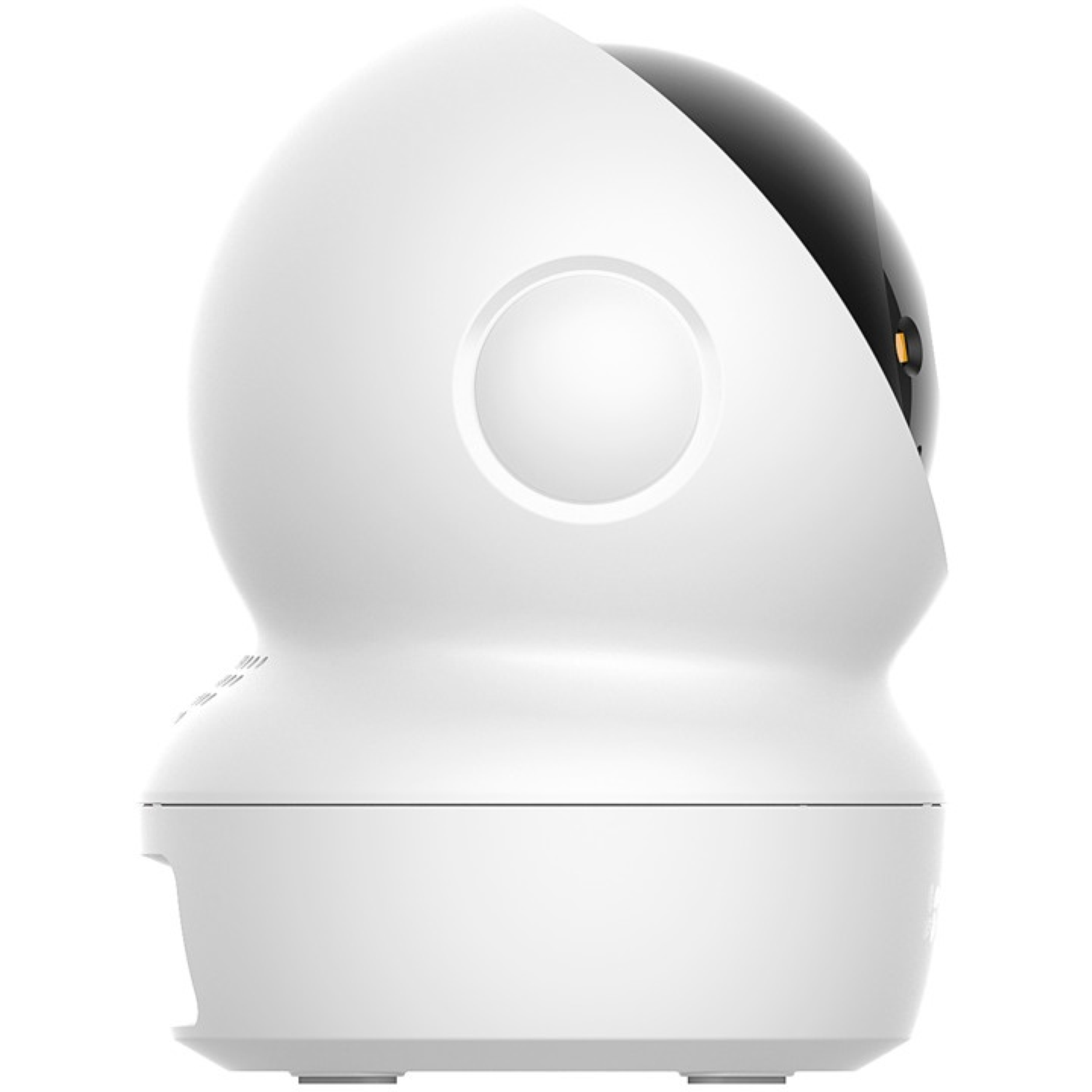 Een witte beveiligingscamera met een zwarte lens. Het heeft een afgerond bovenste gedeelte en een basis. De camera heeft een ronde knop.