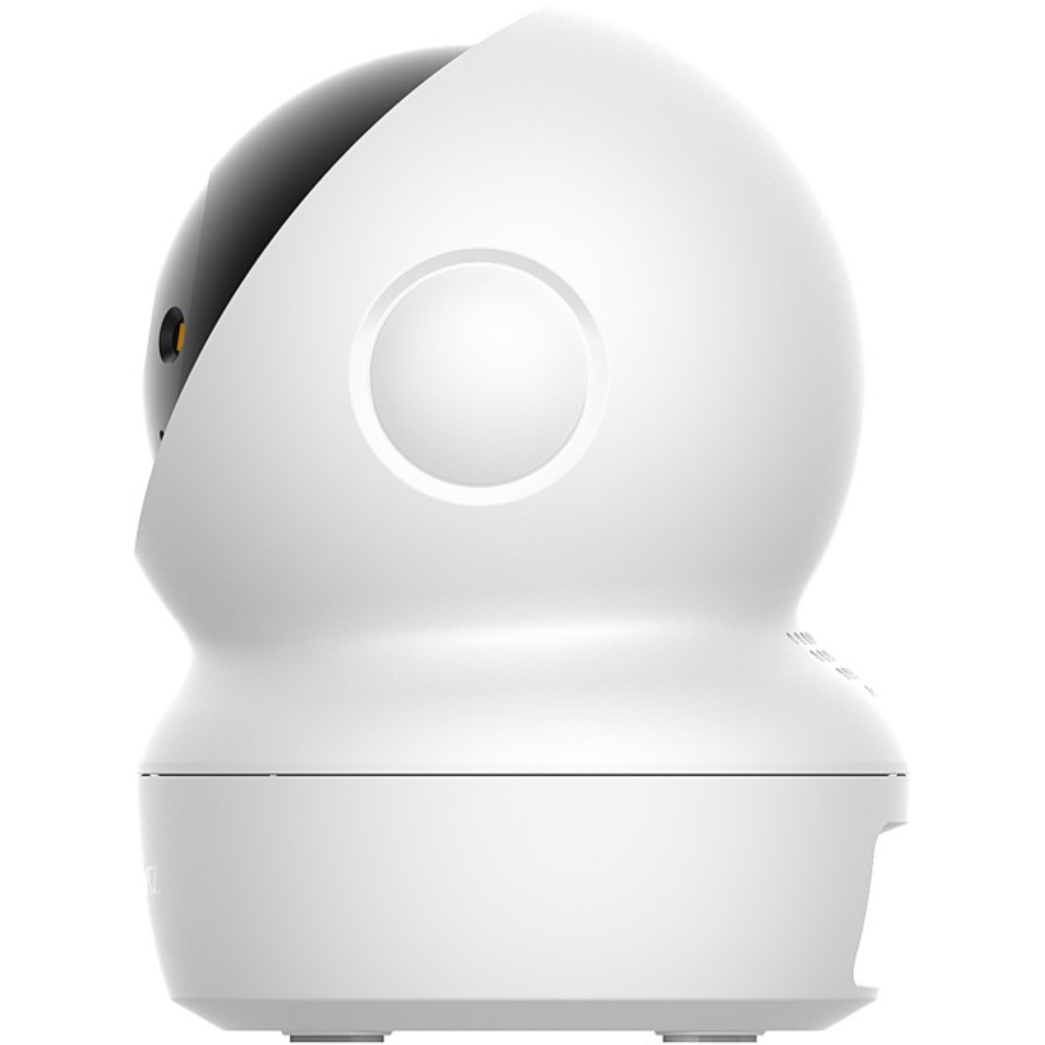 Een witte beveiligingscamera met een zwarte lens. Hij heeft een afgeronde bovenkant en een ronde knop. De basis is rechthoekig.