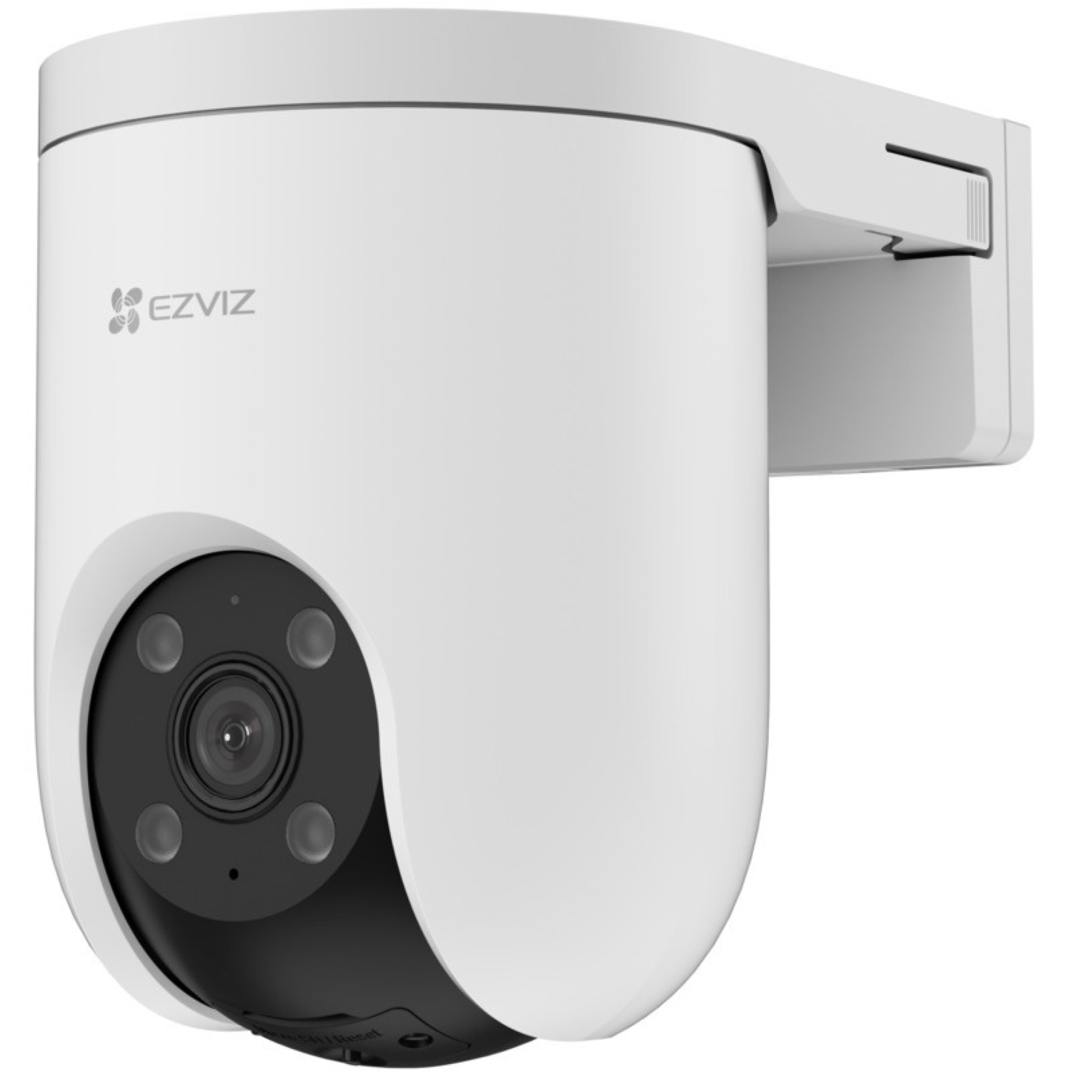 White EZVIZ security camera. It has a black lens and four surrounding lights. It is mounted on a white bracket.