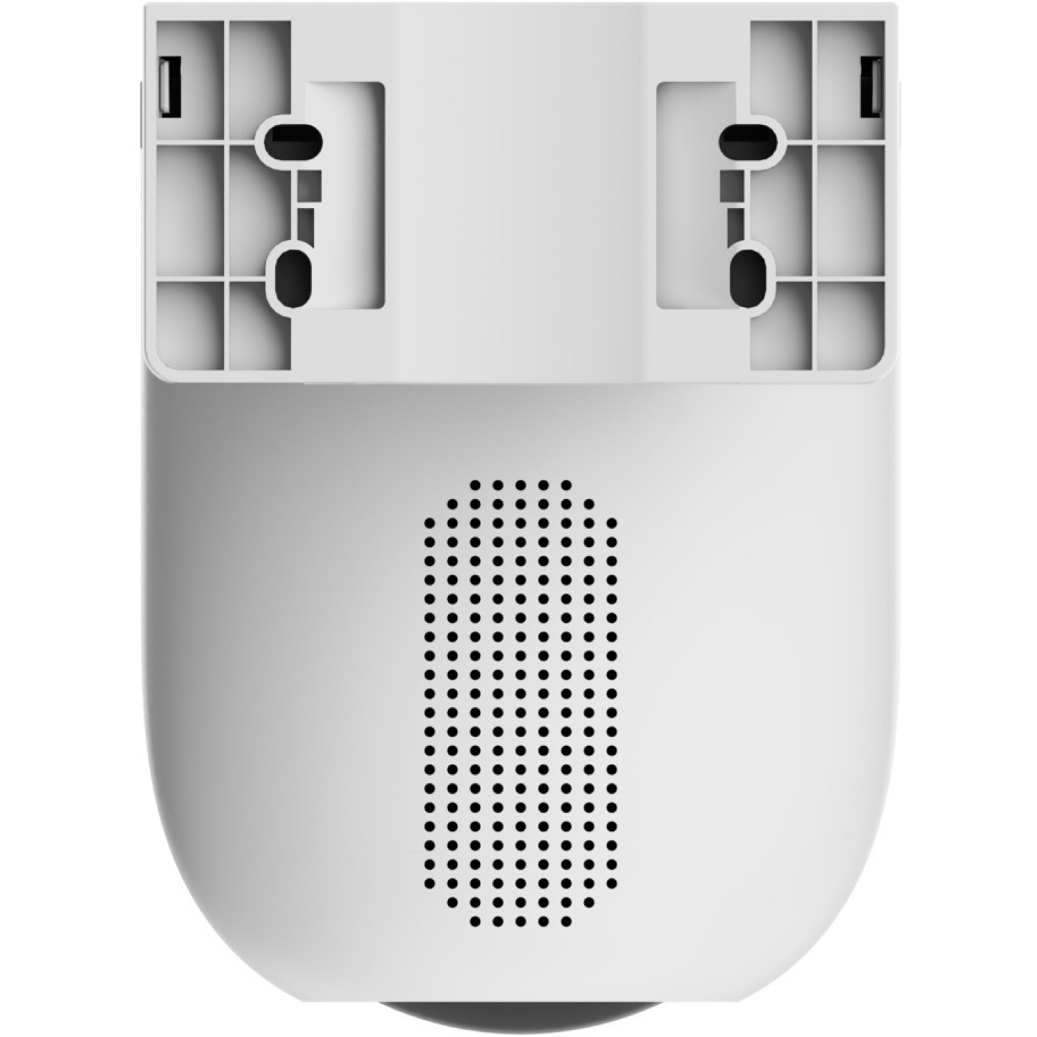 A white security camera device, featuring a speaker grill, mounting brackets, and a curved bottom.