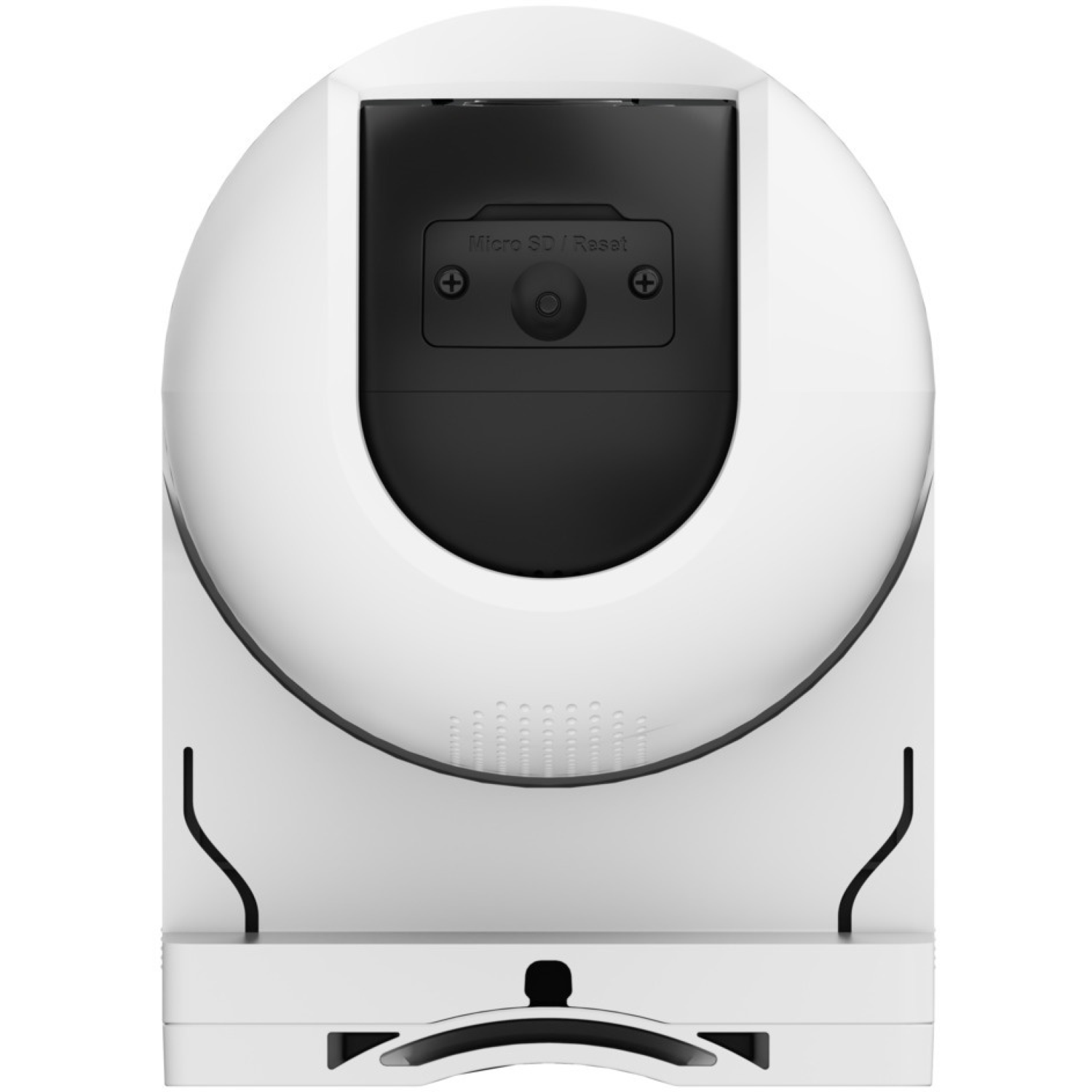 White security camera with black accents. It has a lens, Micro SD slot, and reset button. The base has a curved design.