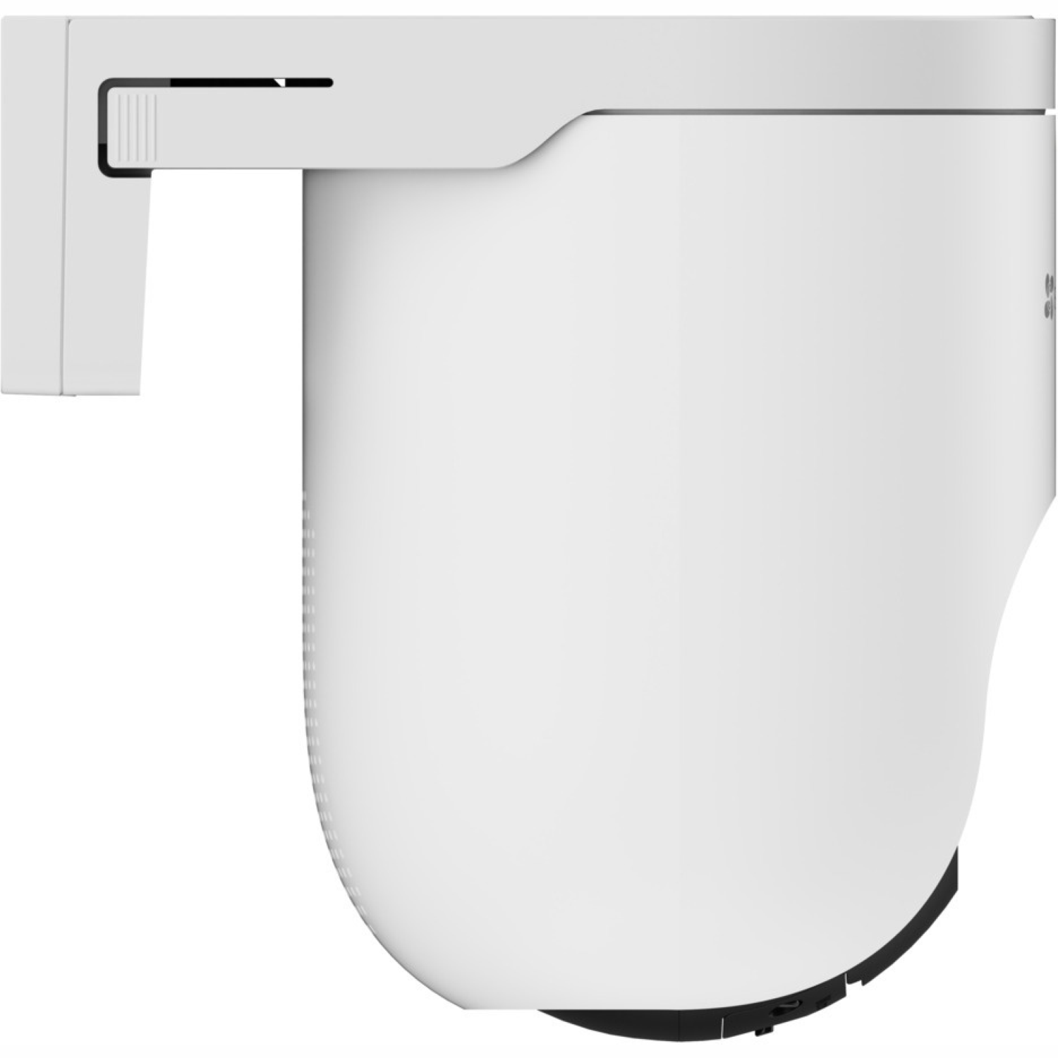 A white, rounded security camera mounted on a wall. It has a black base and a white arm attached to a wall mount.