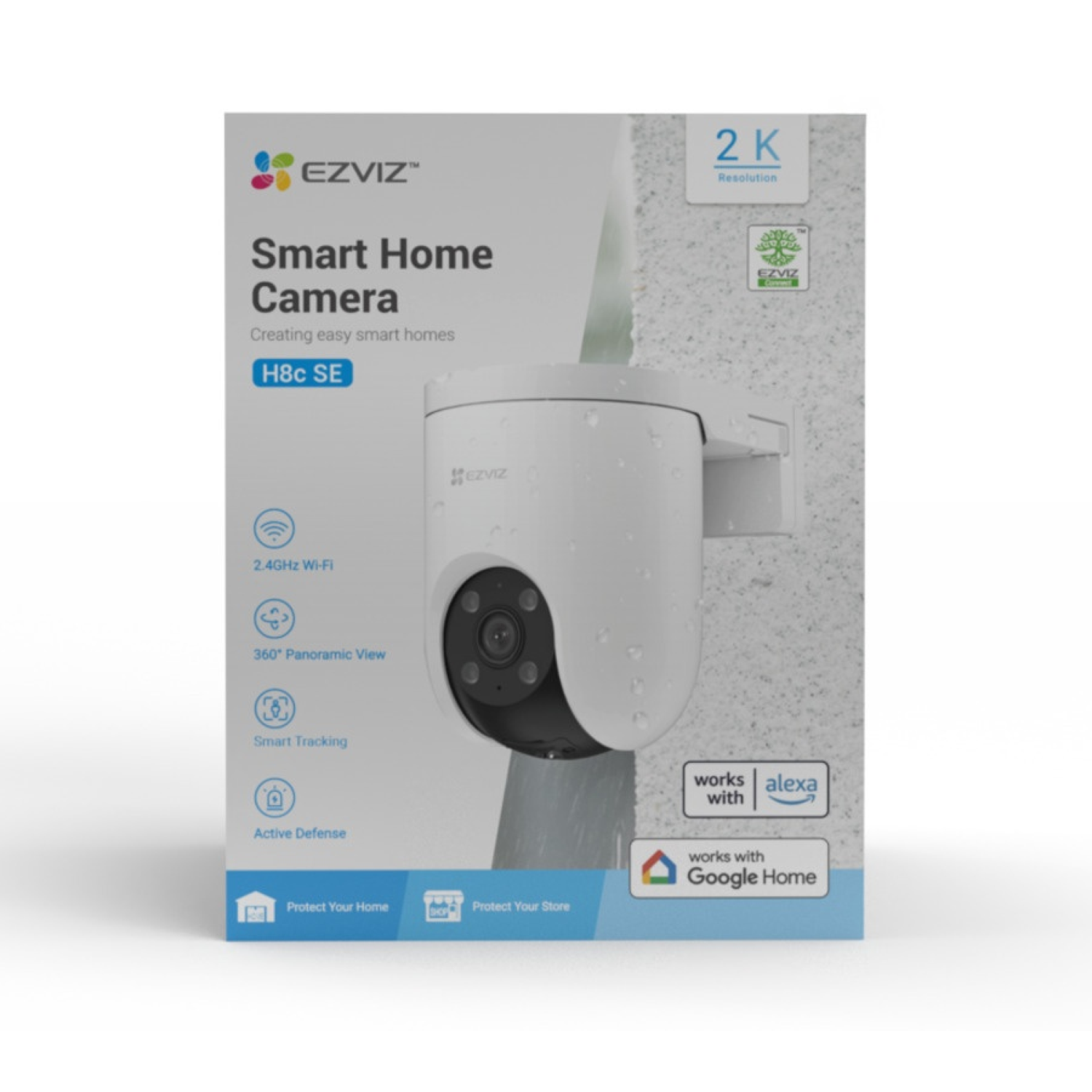 A white EZVIZ smart home camera on a box. Features include 2K resolution, Wi-Fi, 360° view, smart tracking, and active defense.