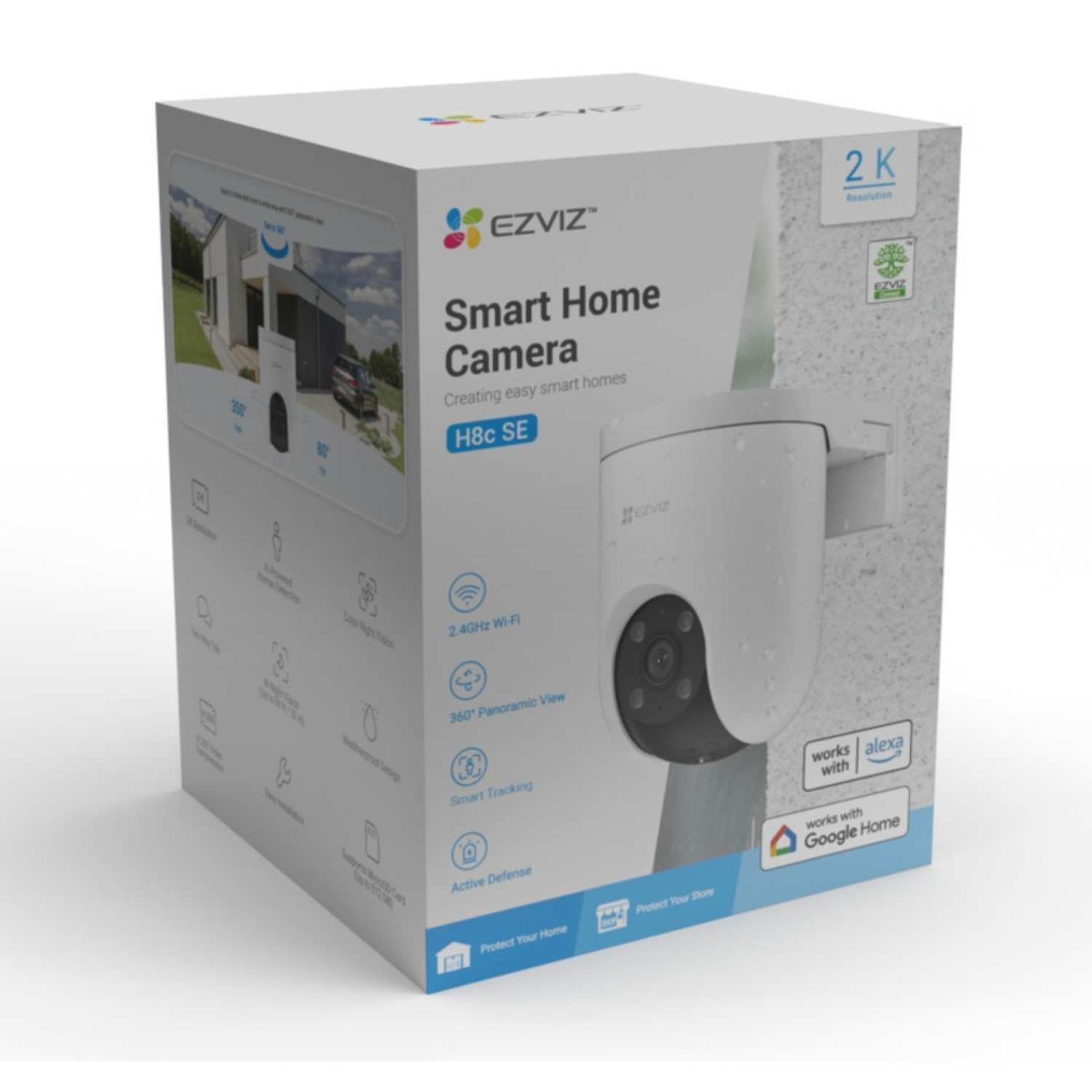 A white EZVIZ Smart Home Camera box with a camera on it. Features include 2K resolution, Wi-Fi, smart tracking, and Alexa/Google Home compatibility.