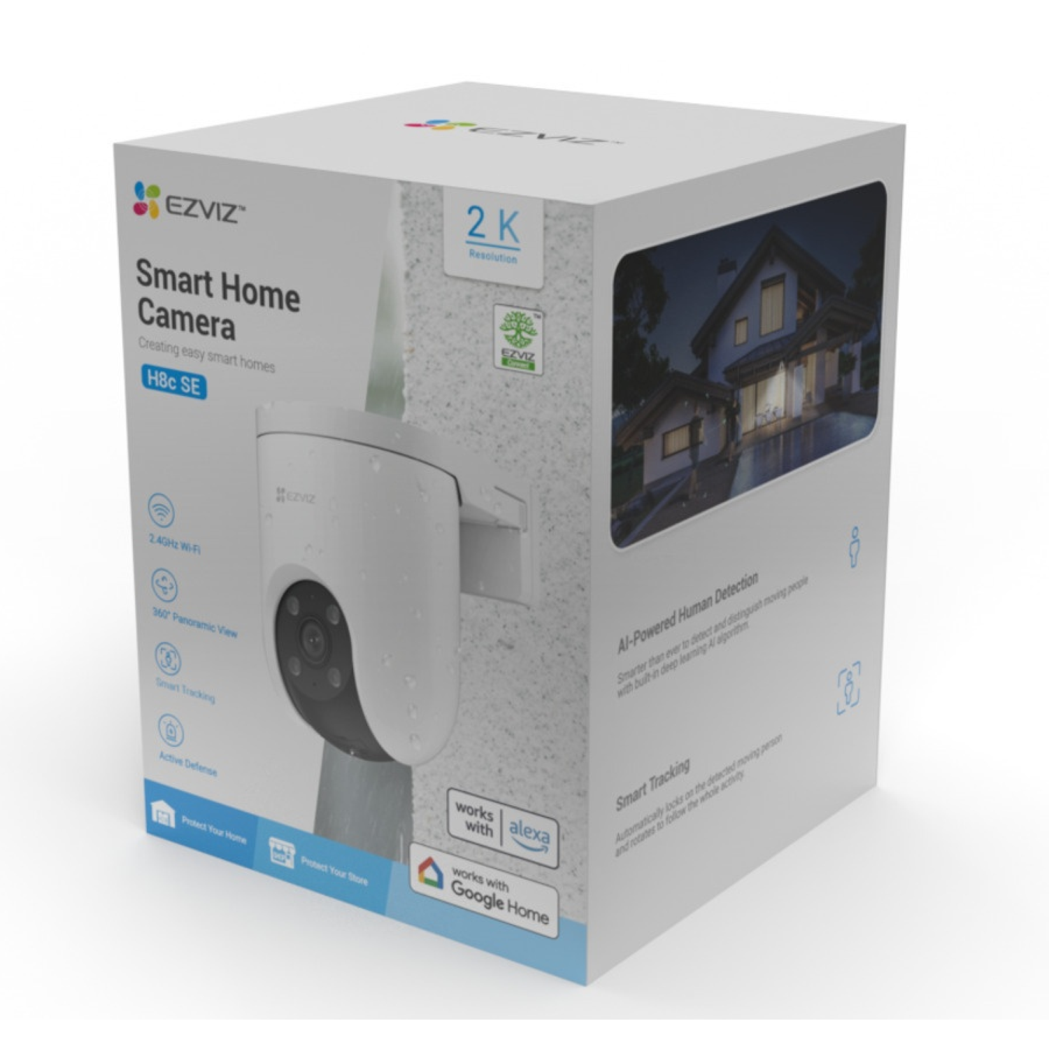 A white EZVIZ Smart Home Camera box. The box shows the camera, features, and a house image on the side, with product details.