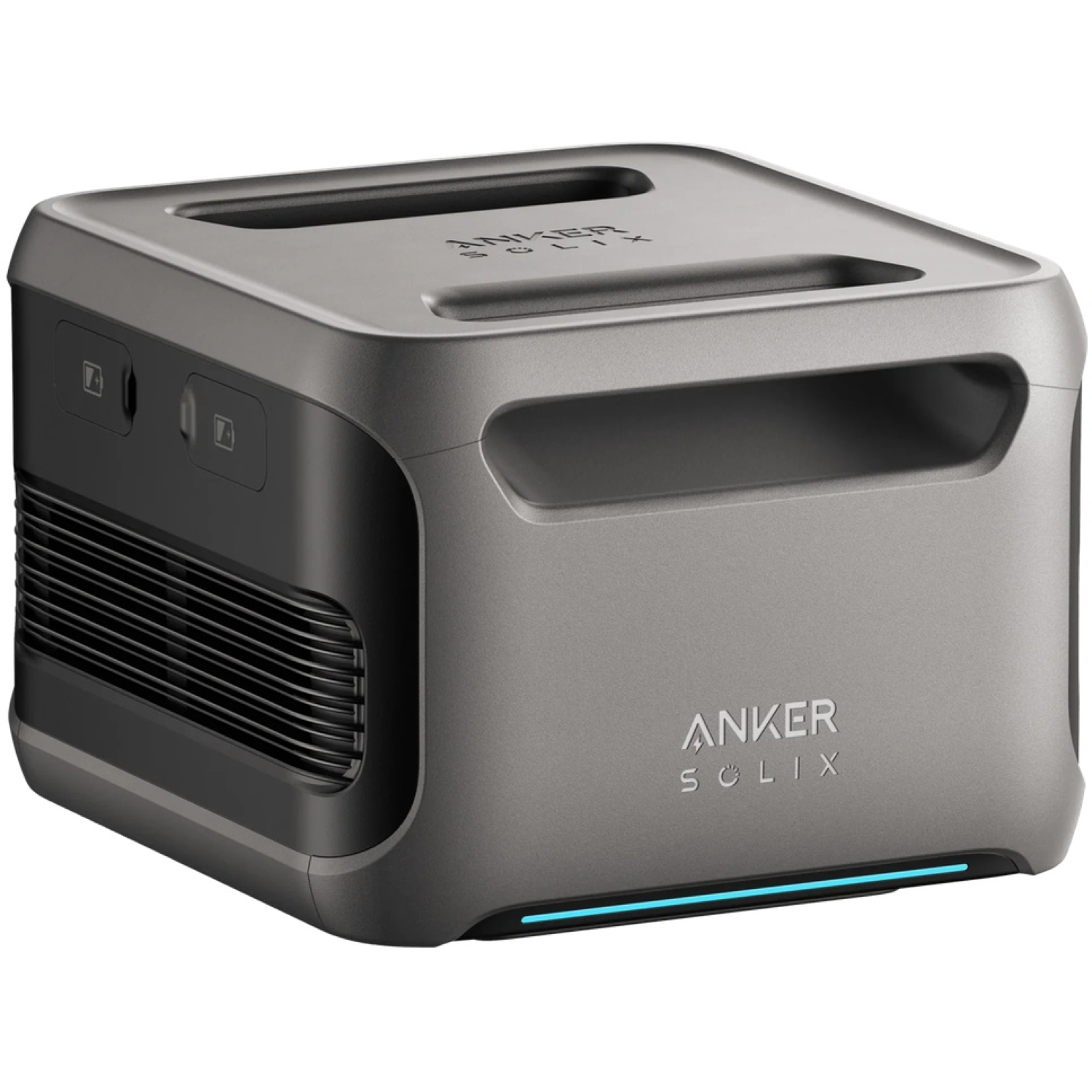 A gray and black Anker Solix device. It has a handle, vents, and branding. A blue light strip is at the bottom.
