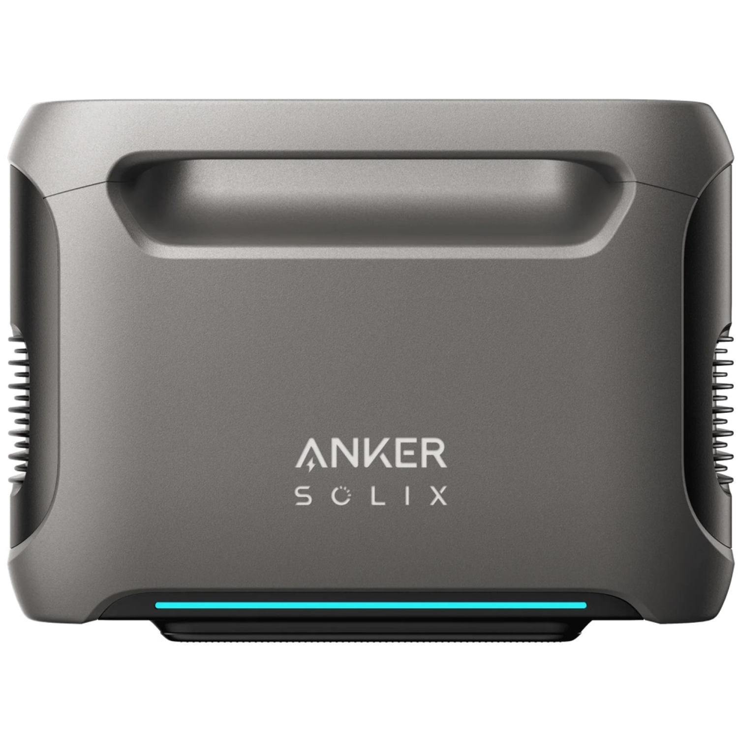 A gray Anker Solix portable power station. It has a handle, ventilation grilles, and a blue light at the bottom.