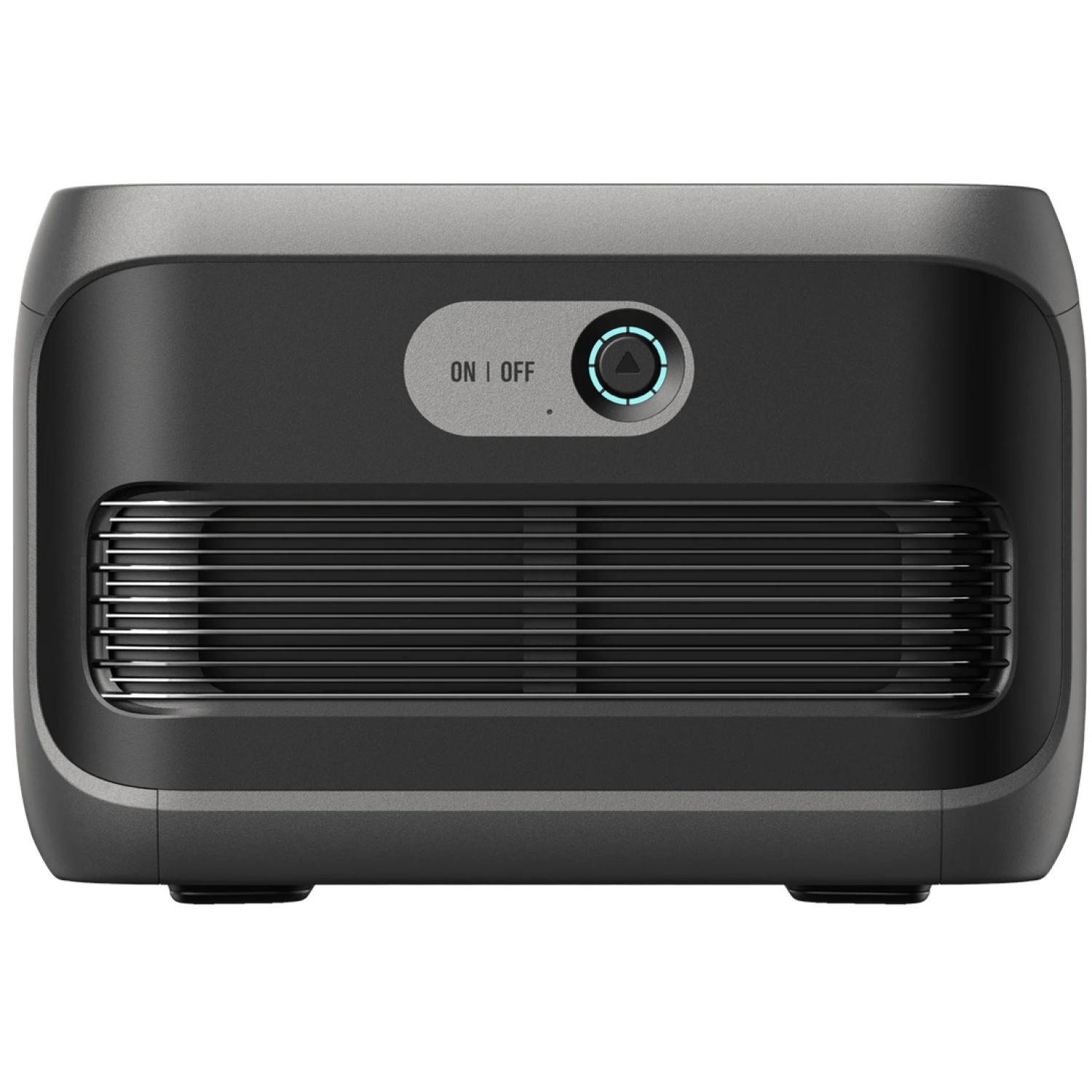 A dark gray air purifier with a rectangular shape. It has a vent, control panel and an on/off button on the front.