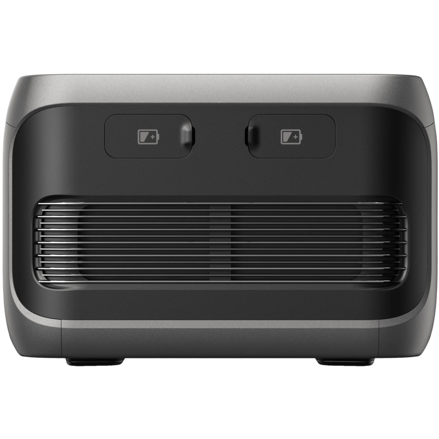 A dark gray rectangular device with two battery indicator buttons and a horizontal grill. It has rounded edges and small feet.