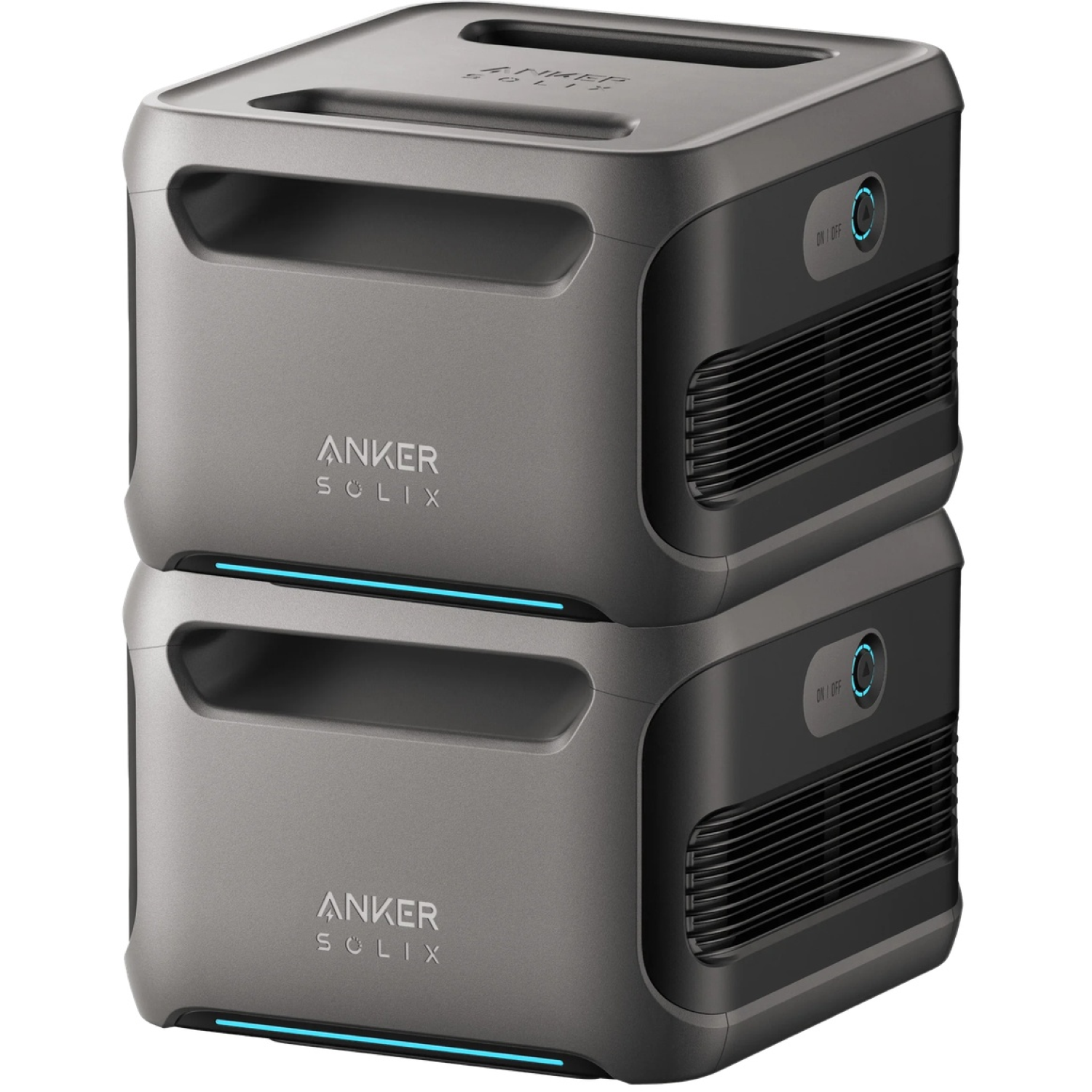 Two stacked gray Anker Solix power stations. Each has a handle, on/off button, and ventilation grilles. The brand name is visible.