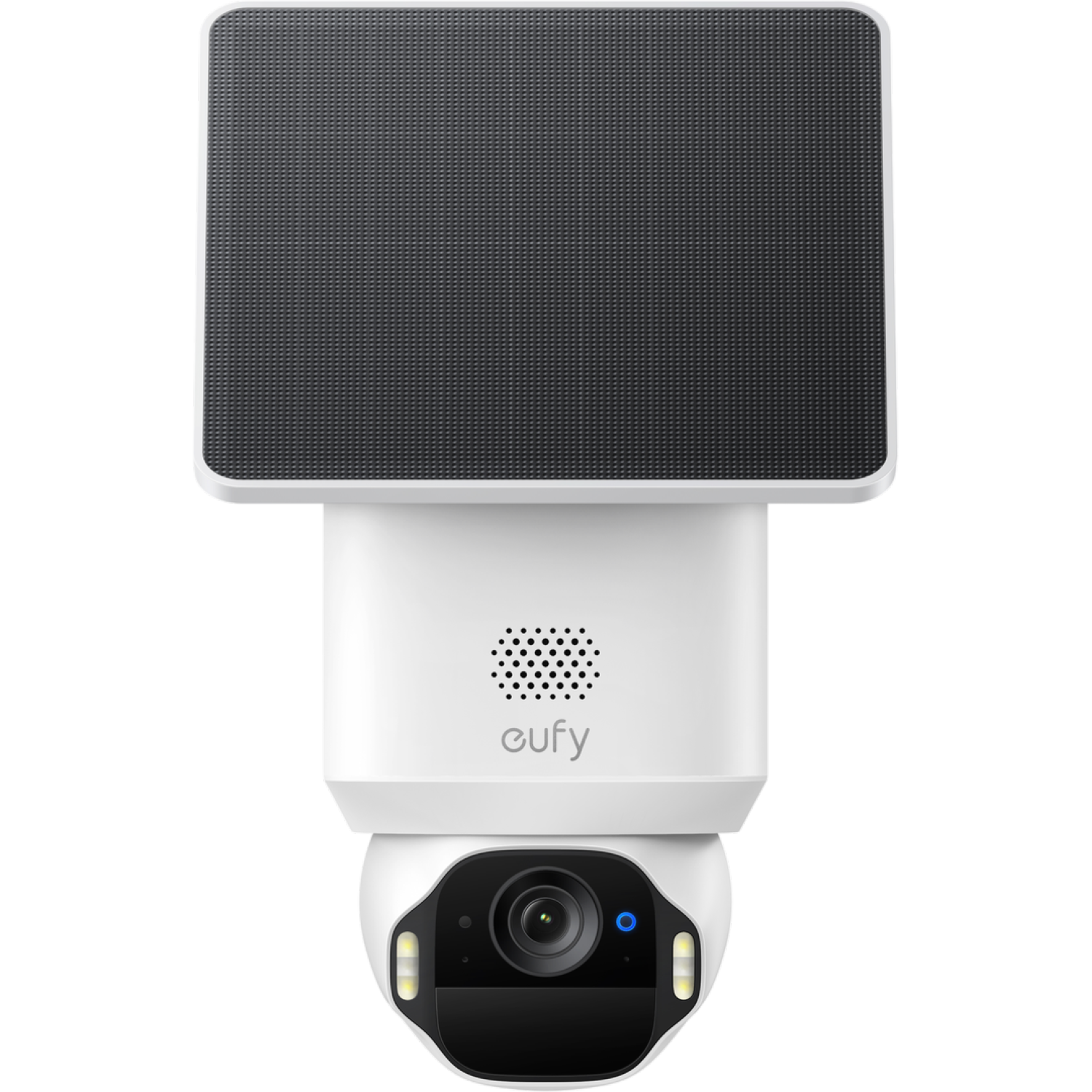 Caméra de sécurité Eufy blanche avec panneau solaire. La caméra a un objectif, des voyants et le logo Eufy.