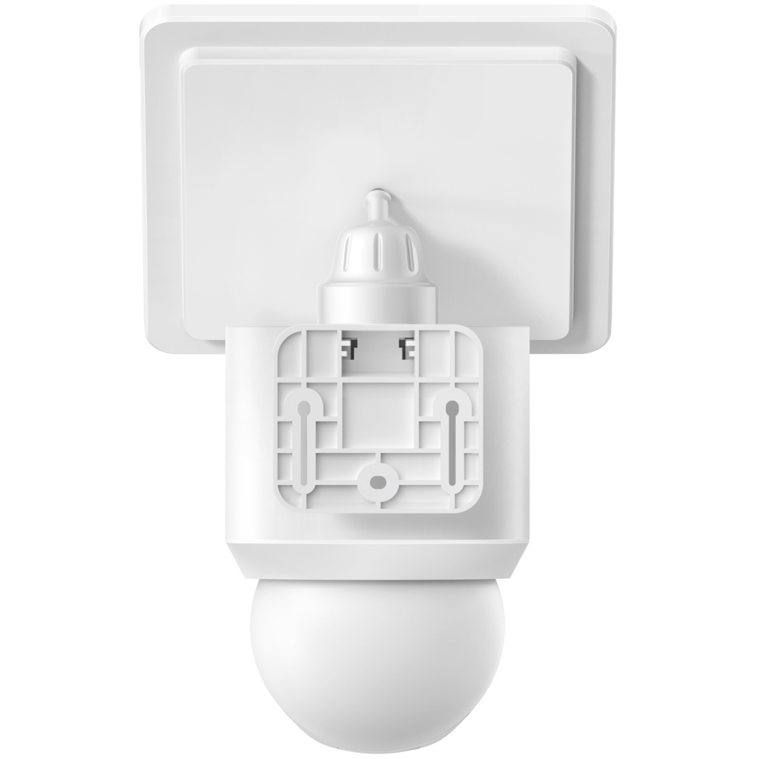 Une caméra de sécurité blanche est montrée de dos. Elle a un dessus rectangulaire, un corps cylindrique et un bas rond. Le fond est blanc.