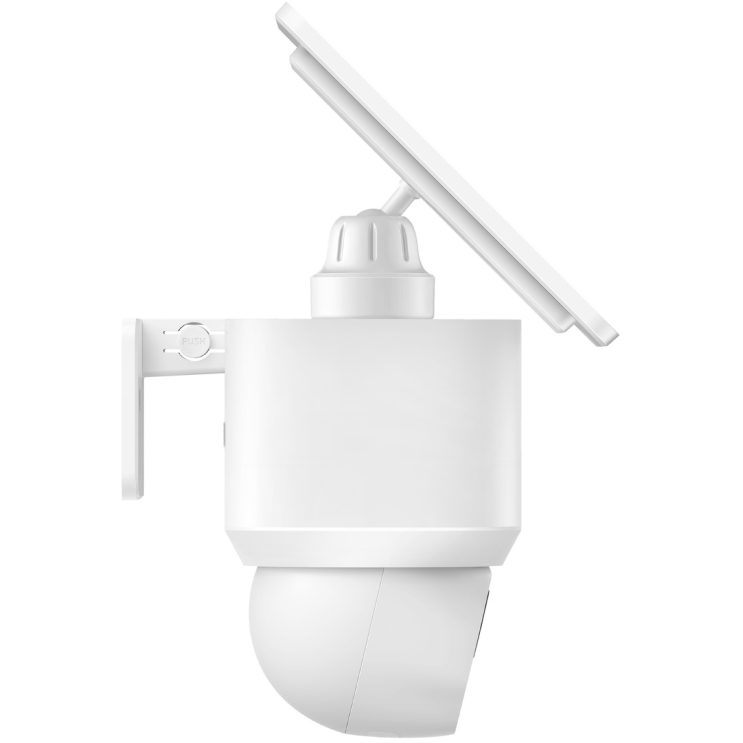 Caméra de sécurité blanche avec panneau solaire. Elle a une base arrondie et un corps rectangulaire. Un support est à gauche. Un bouton 'PUSH' est visible.