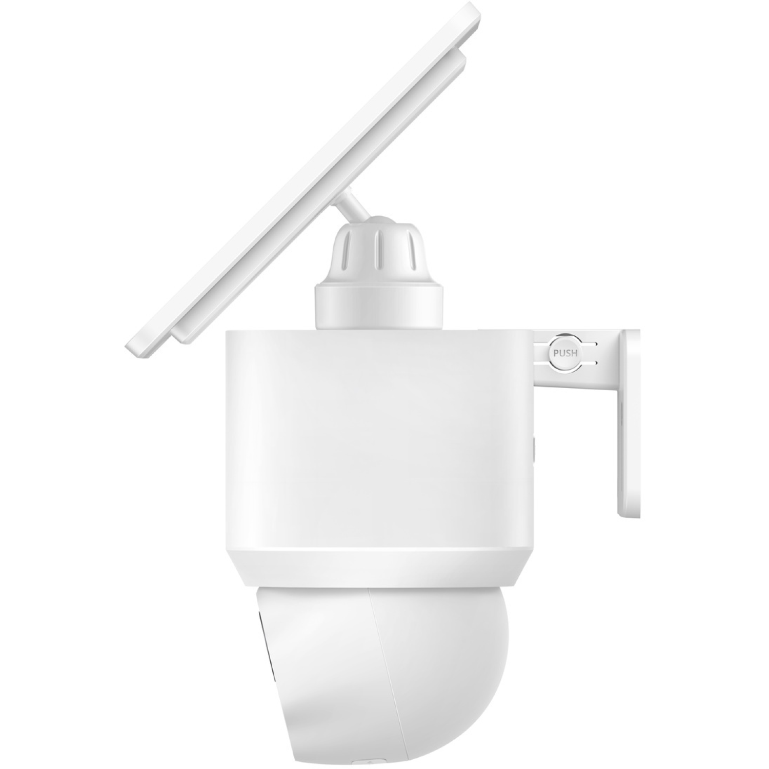 Une caméra de sécurité blanche avec un panneau solaire, une lentille incurvée et un support avec 'PUSH'.