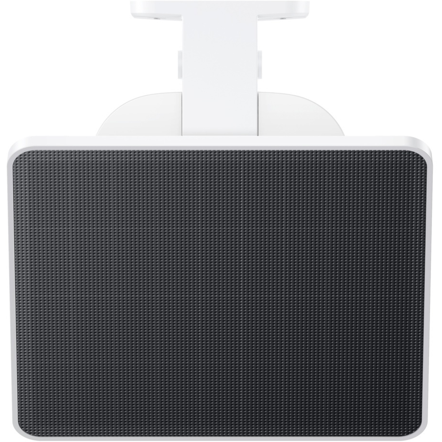 Un appareil blanc rectangulaire, peut-être un haut-parleur, avec une façade noire texturée et un support de montage.