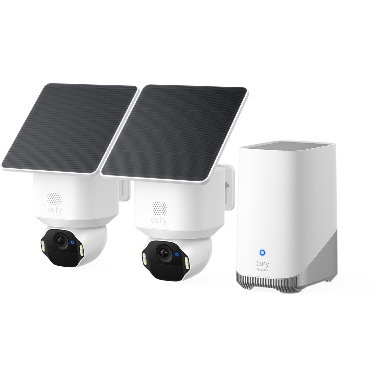 Deux caméras de sécurité blanches à énergie solaire et une station de base blanche. Les caméras ont des lentilles noires et la station une lumière bleue.