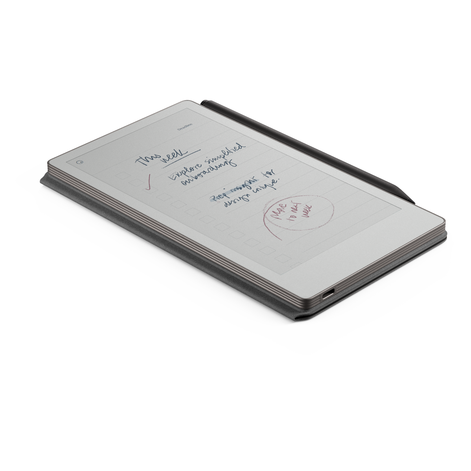 A digital notepad with handwritten notes. A pen lies on it. The notes include 'This week', 'Explore simplified onboarding'.