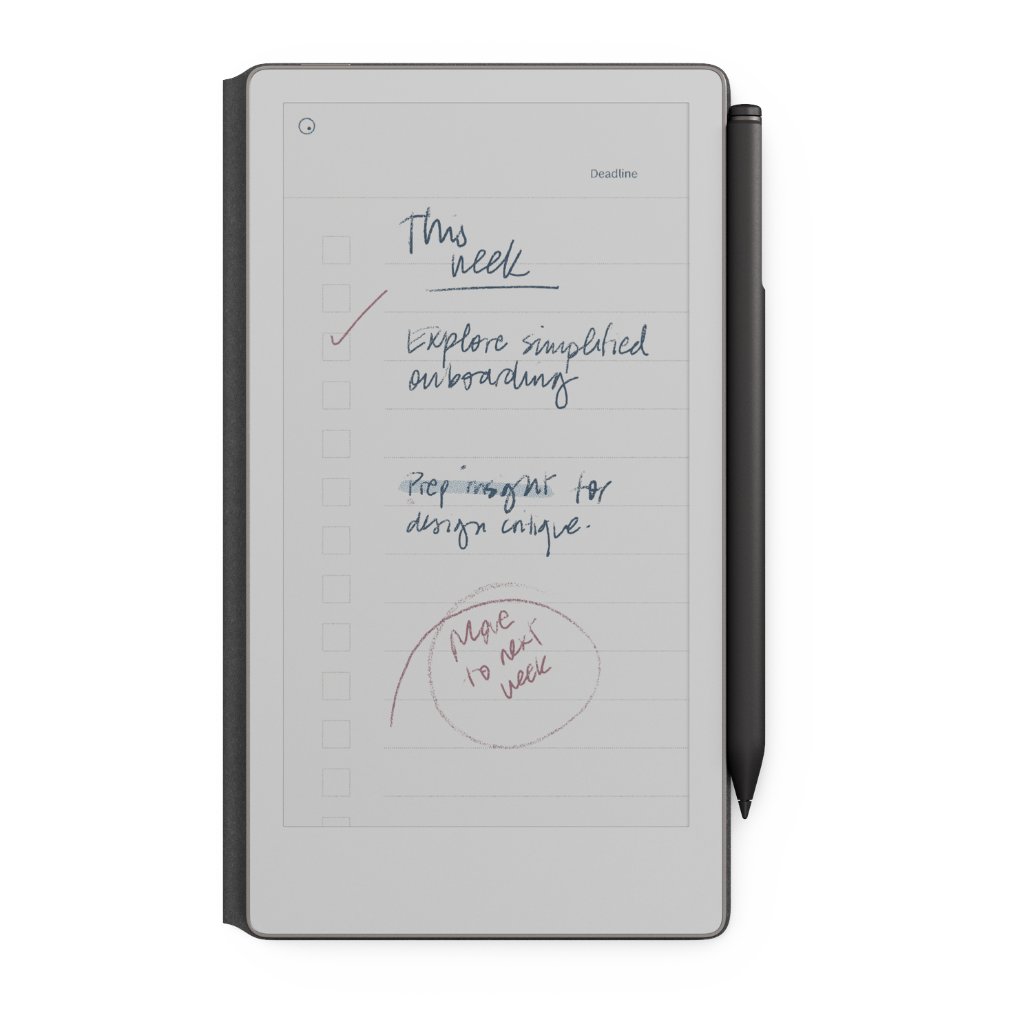 A digital notepad displays a to-do list with handwritten notes. A checked item reads 'Explore simplified onboarding'. A stylus rests on right.