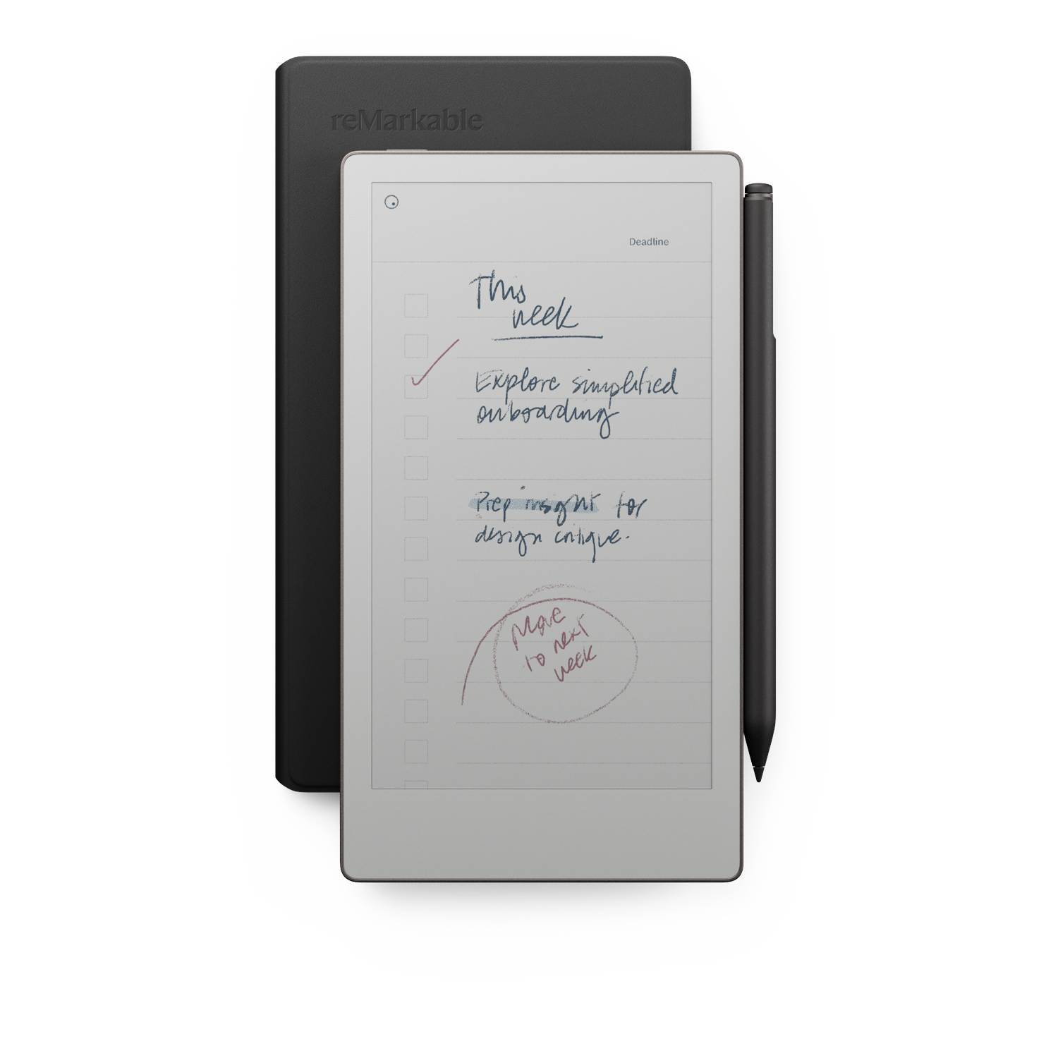 A black reMarkable tablet with a stylus. The screen displays handwritten notes, including a to-do list with checkmarks and a circled note.