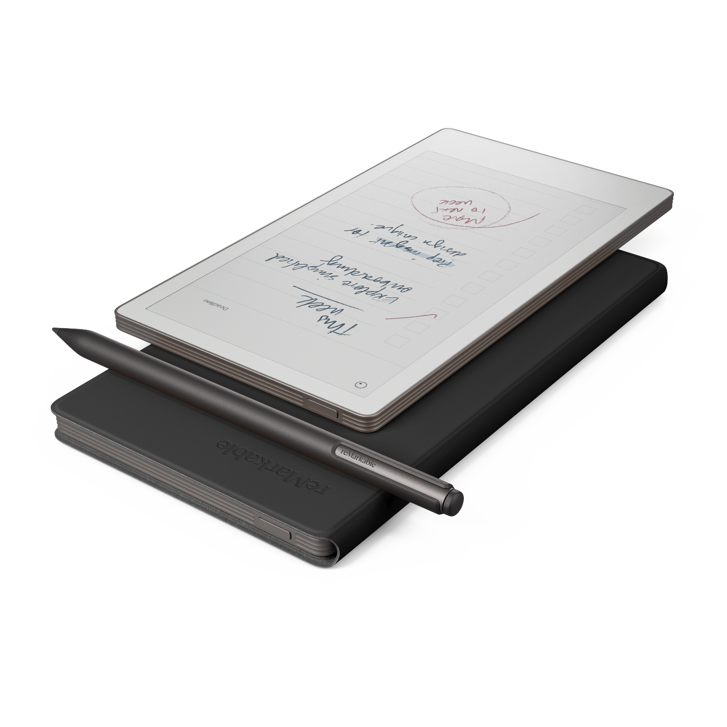 A digital tablet with handwritten notes and a stylus on top of a black notebook. The tablet displays a to-do list.