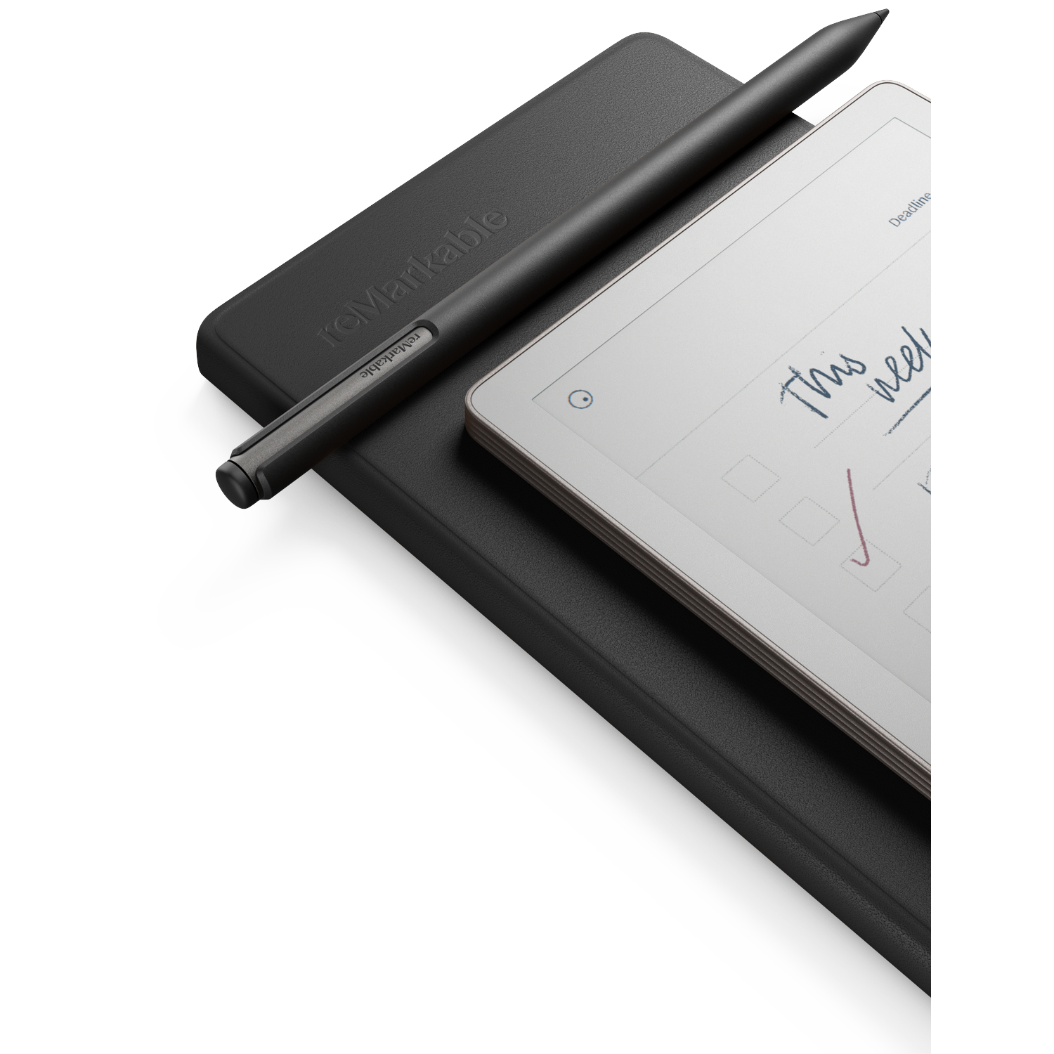 A black tablet with a stylus on top. The tablet displays handwritten notes. A black case is beneath the tablet.