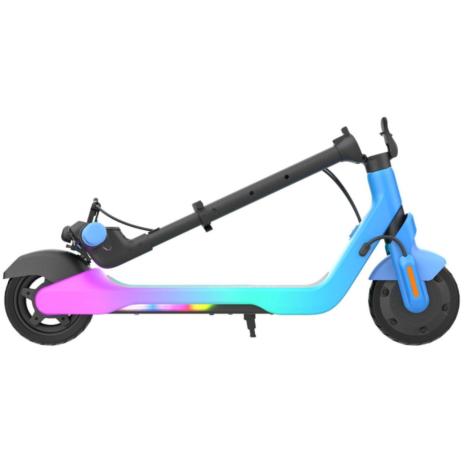 Une trottinette électrique moderne avec un dégradé de rose à bleu. Elle a des roues noires et un design pliable, isolée sur fond blanc.