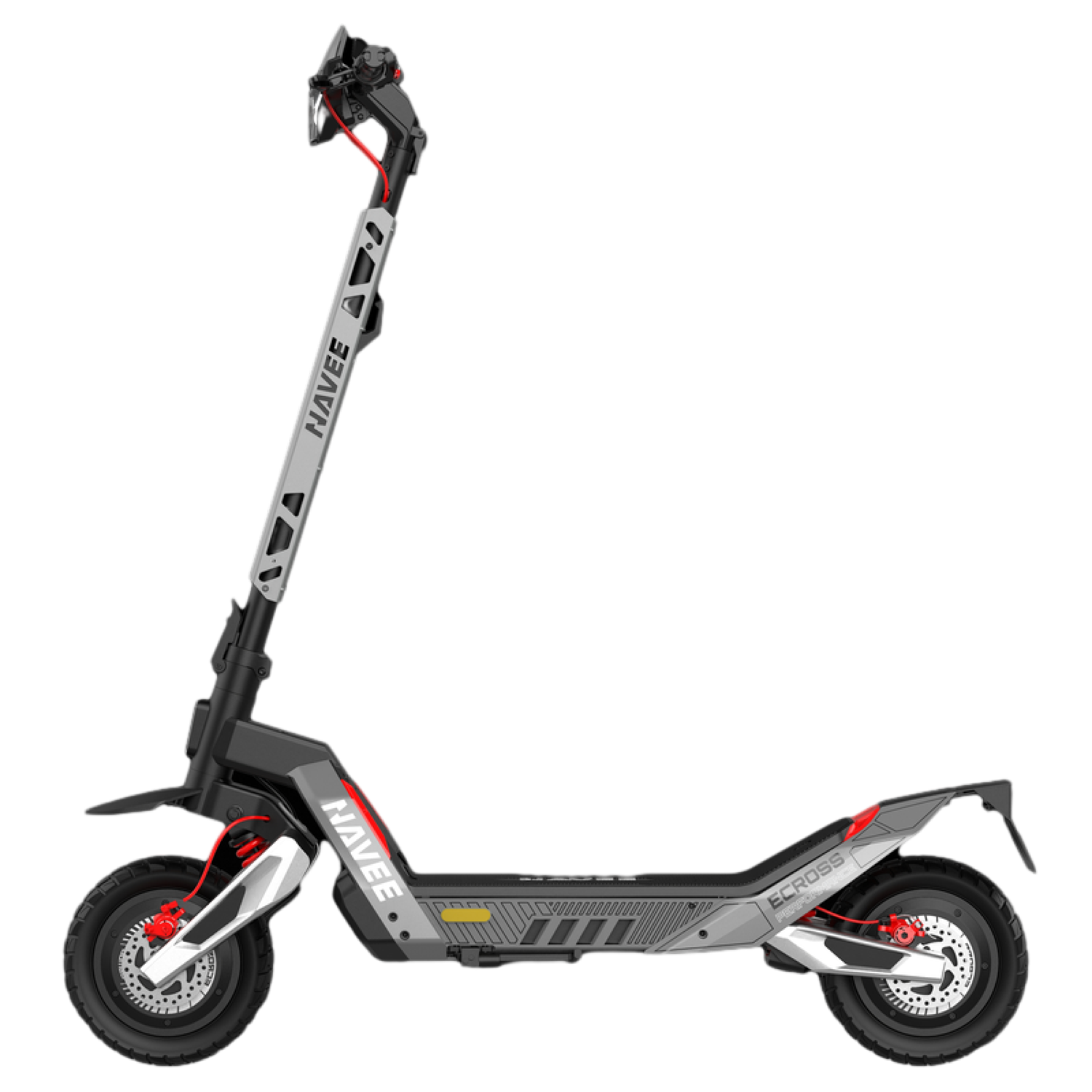 Une trottinette électrique avec un cadre gris et noir. Elle a des touches de rouge, des pneus noirs, et la marque 'NAVEE' est visible.