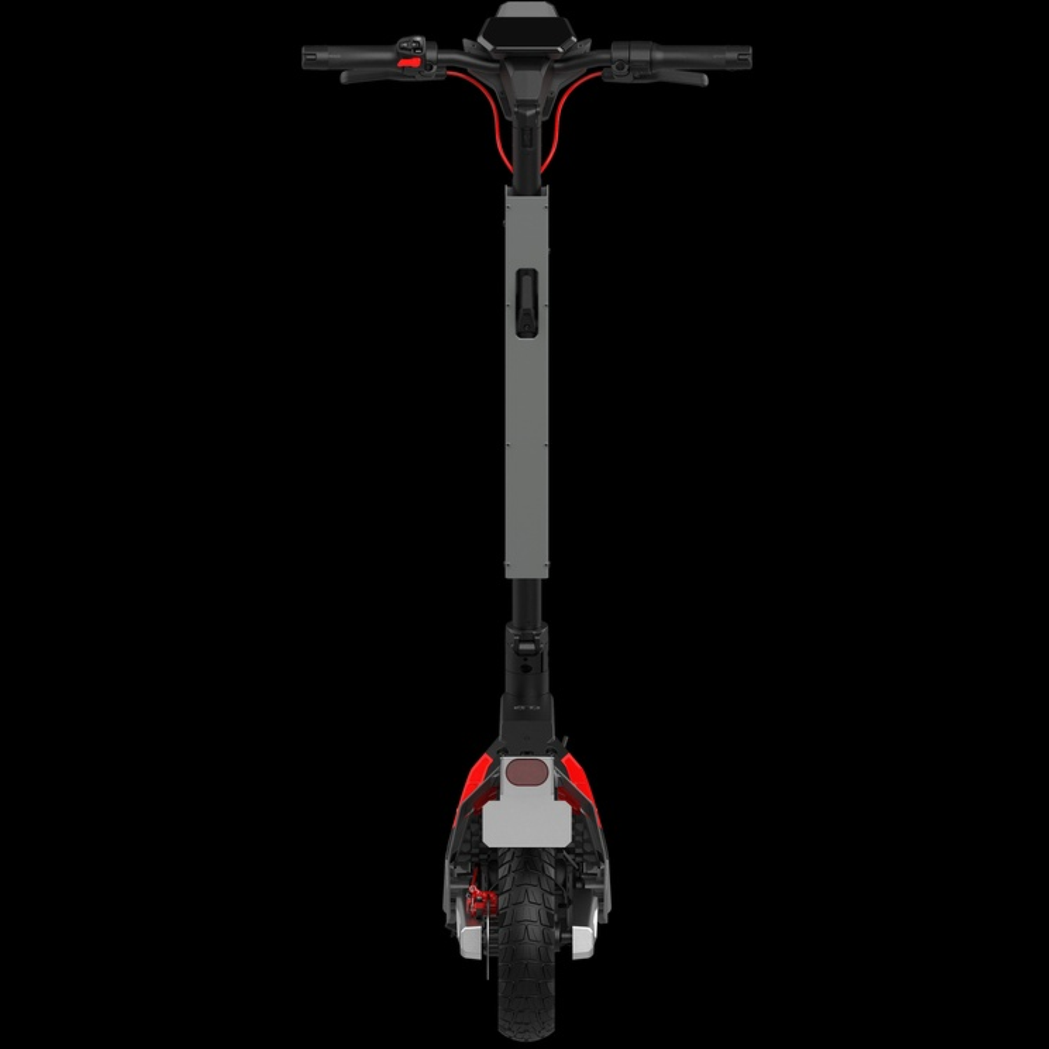Une trottinette électrique sur fond noir. Elle a des accents rouges, un corps gris et un guidon noir. La roue arrière est visible.