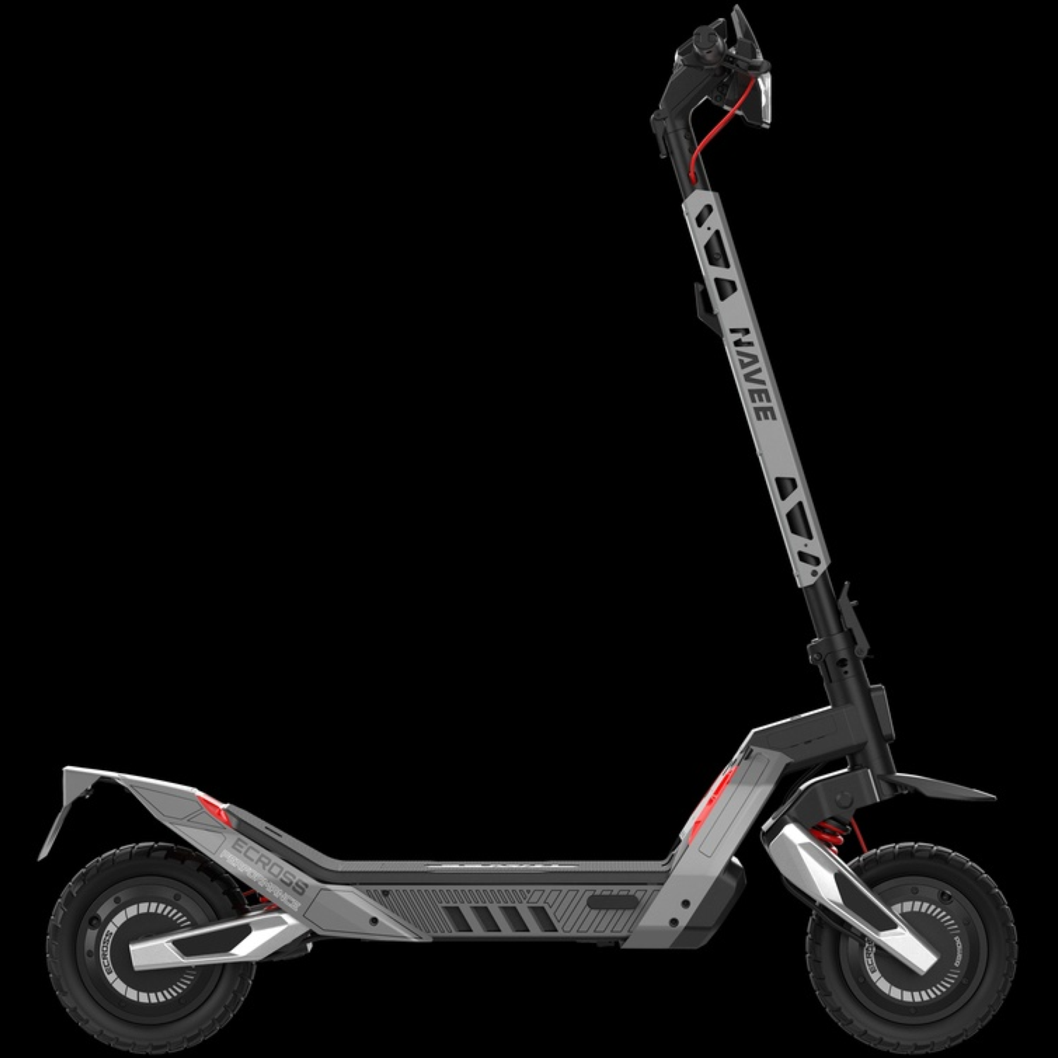Une trottinette électrique grise et noire sur fond noir. Elle porte le nom de la marque 'NAVEE' sur la potence.