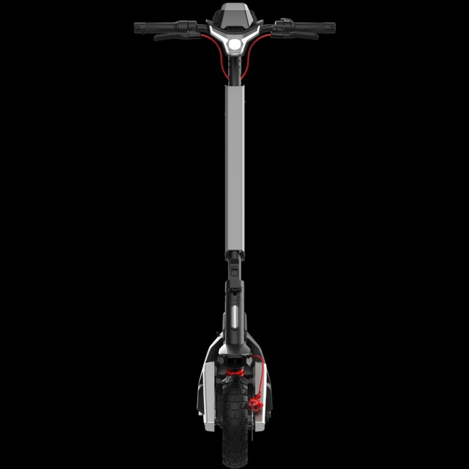 Une trottinette électrique noire et argentée sur fond noir. Des câbles et des accents rouges sont visibles. La trottinette est droite.