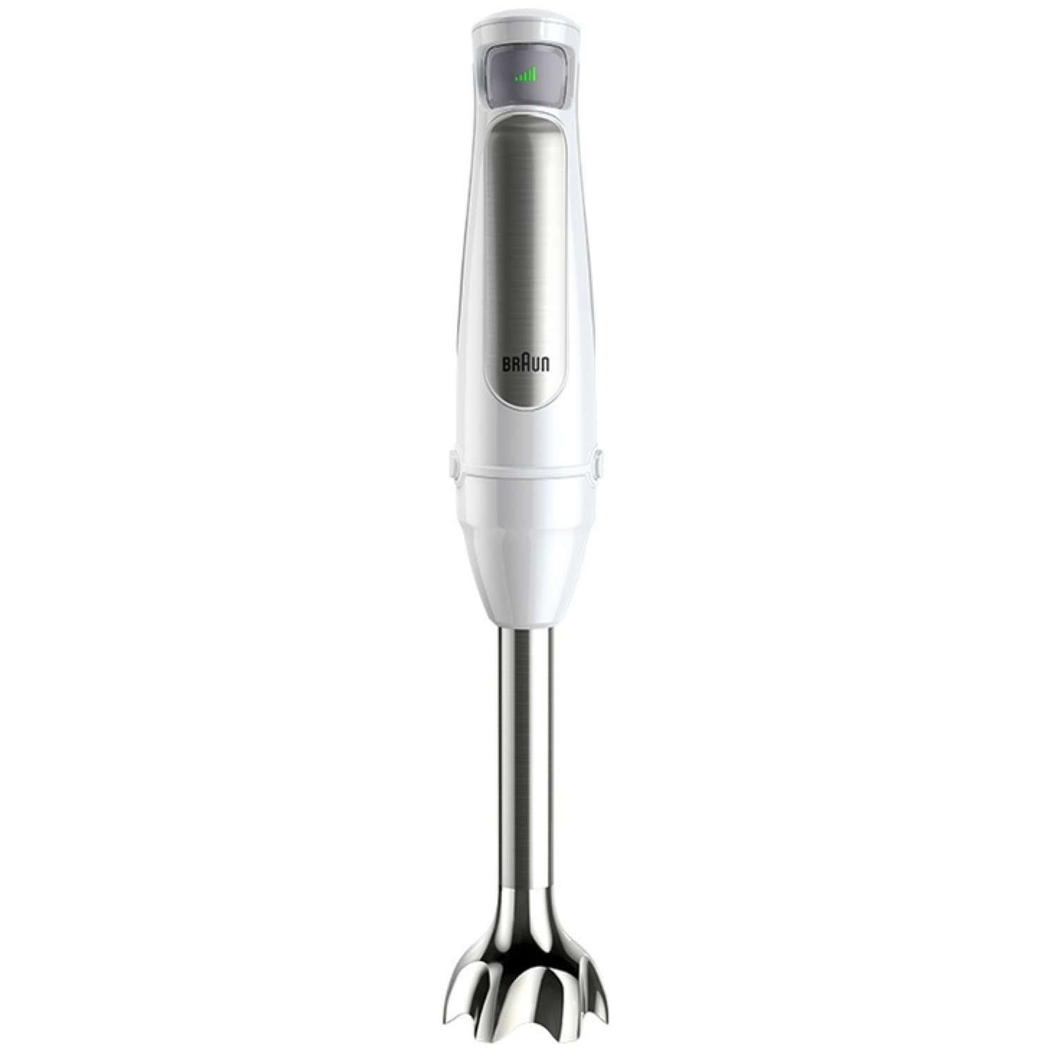 Een witte en zilveren Braun staafmixer. Het heeft een witte behuizing met een zilveren metalen gedeelte en een roestvrijstalen mengkop.
