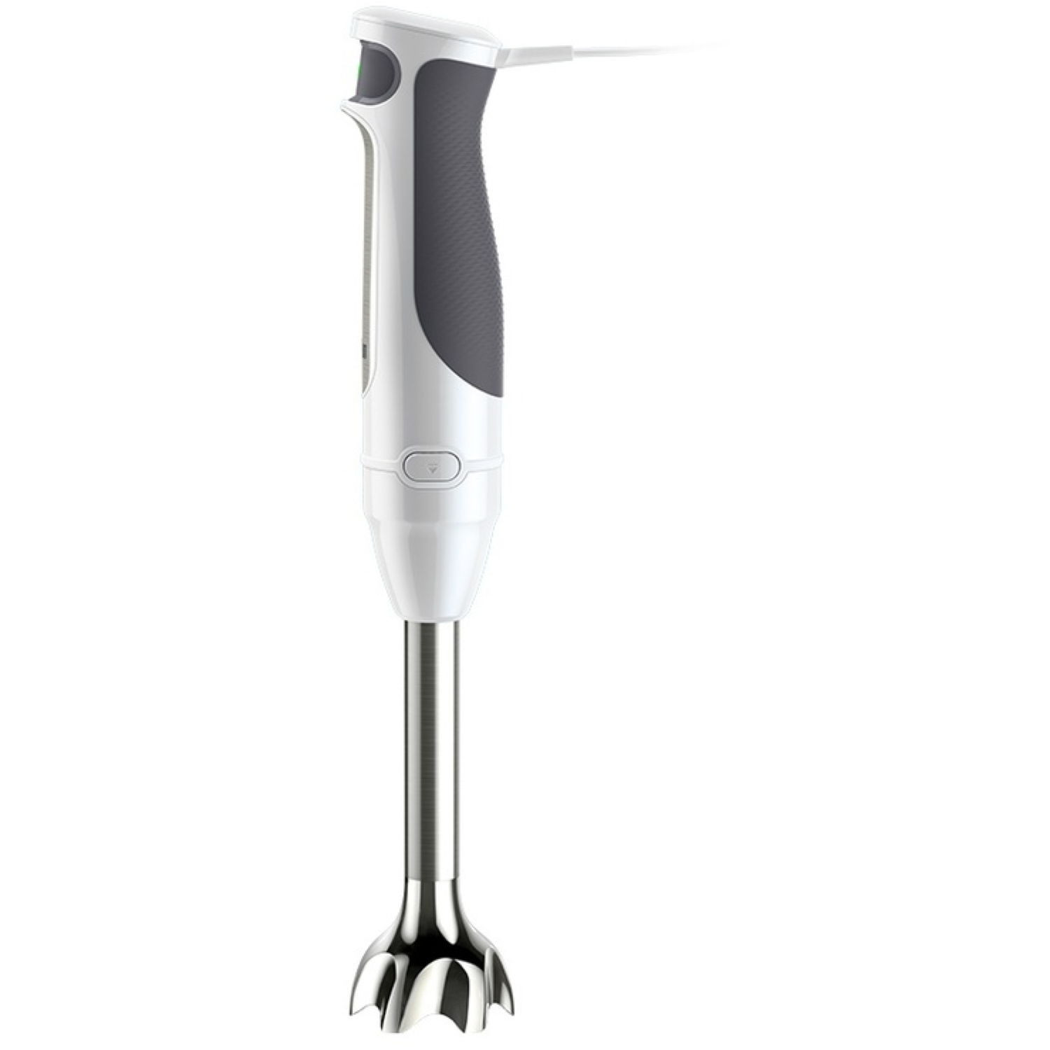 Een witte en grijze staafmixer met een roestvrijstalen mes. De handgreep heeft een grijze grip en een knop. De achtergrond is wit.