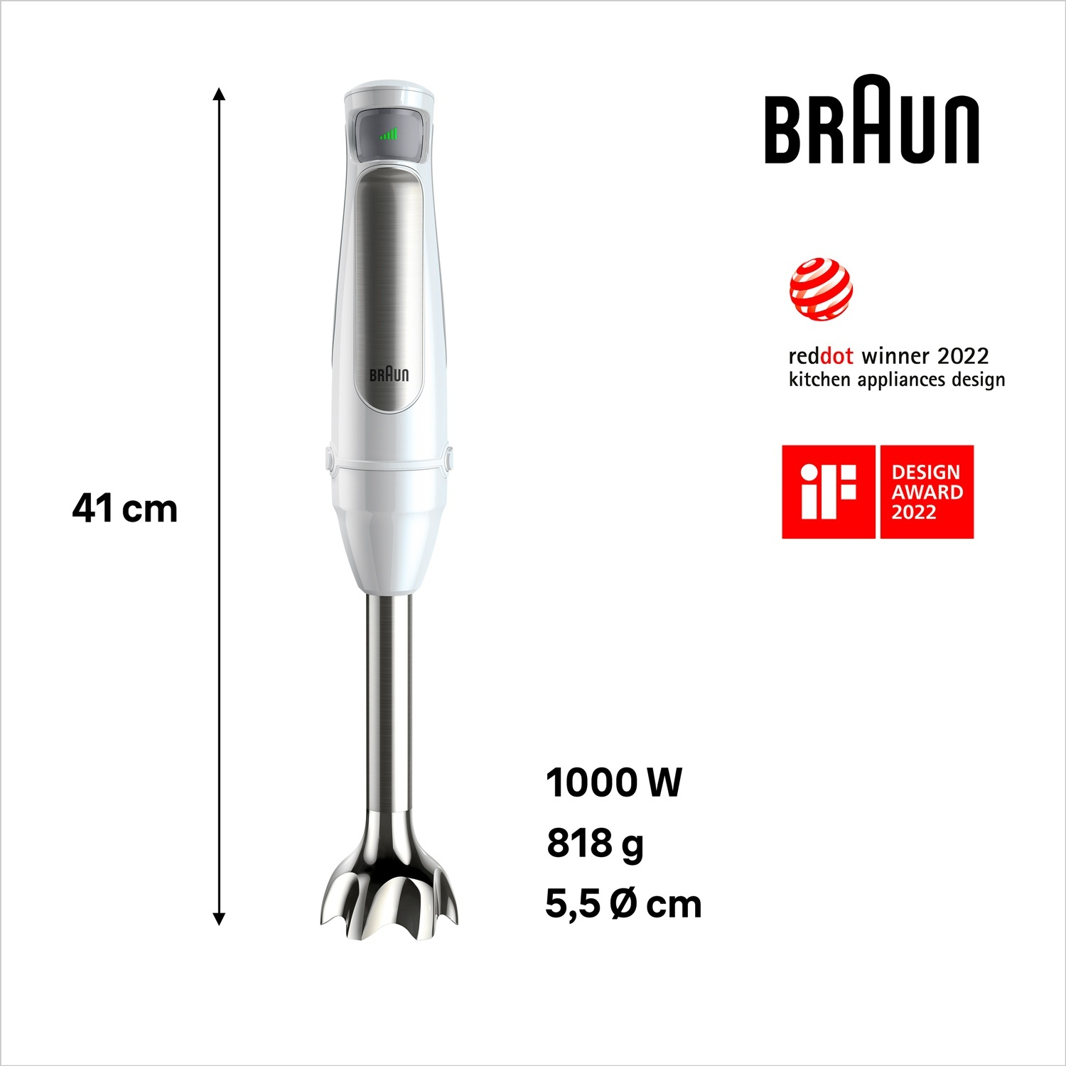 Een witte Braun staafmixer, 41 cm lang, met een roestvrijstalen mes. Inclusief designprijzen en specificaties: 1000W, 818g, 5,5 cm diameter.