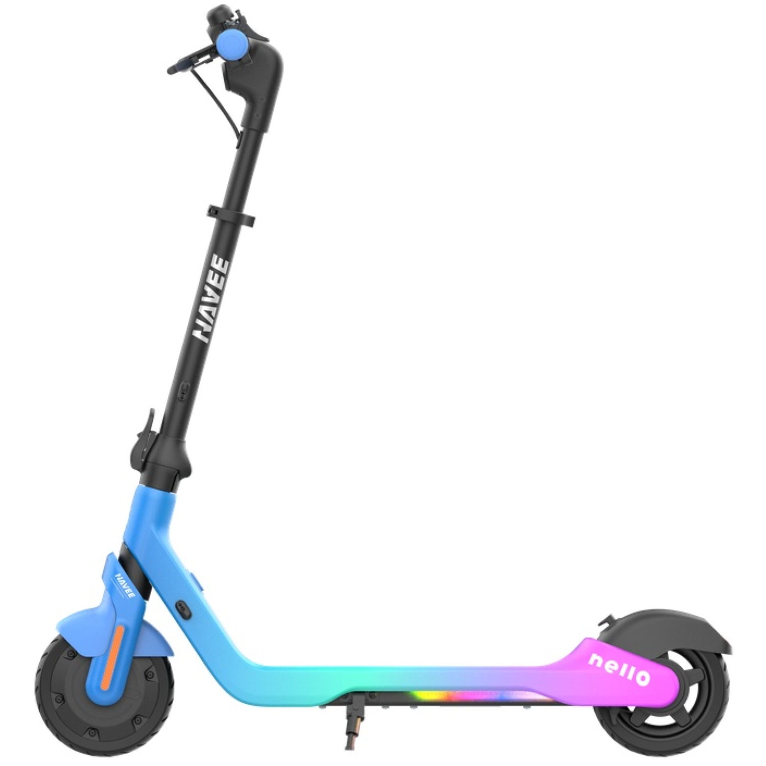 Une trottinette électrique bleue, sarcelle et rose. La trottinette a un guidon noir avec une cloche et un cadre noir. Les roues sont noires.