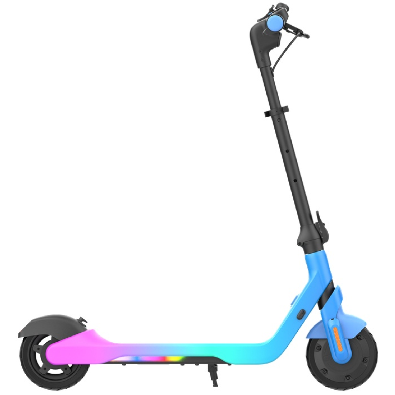 Une trottinette électrique colorée sur fond blanc. Elle a une tige et des roues noires, et un corps dégradé bleu à rose.