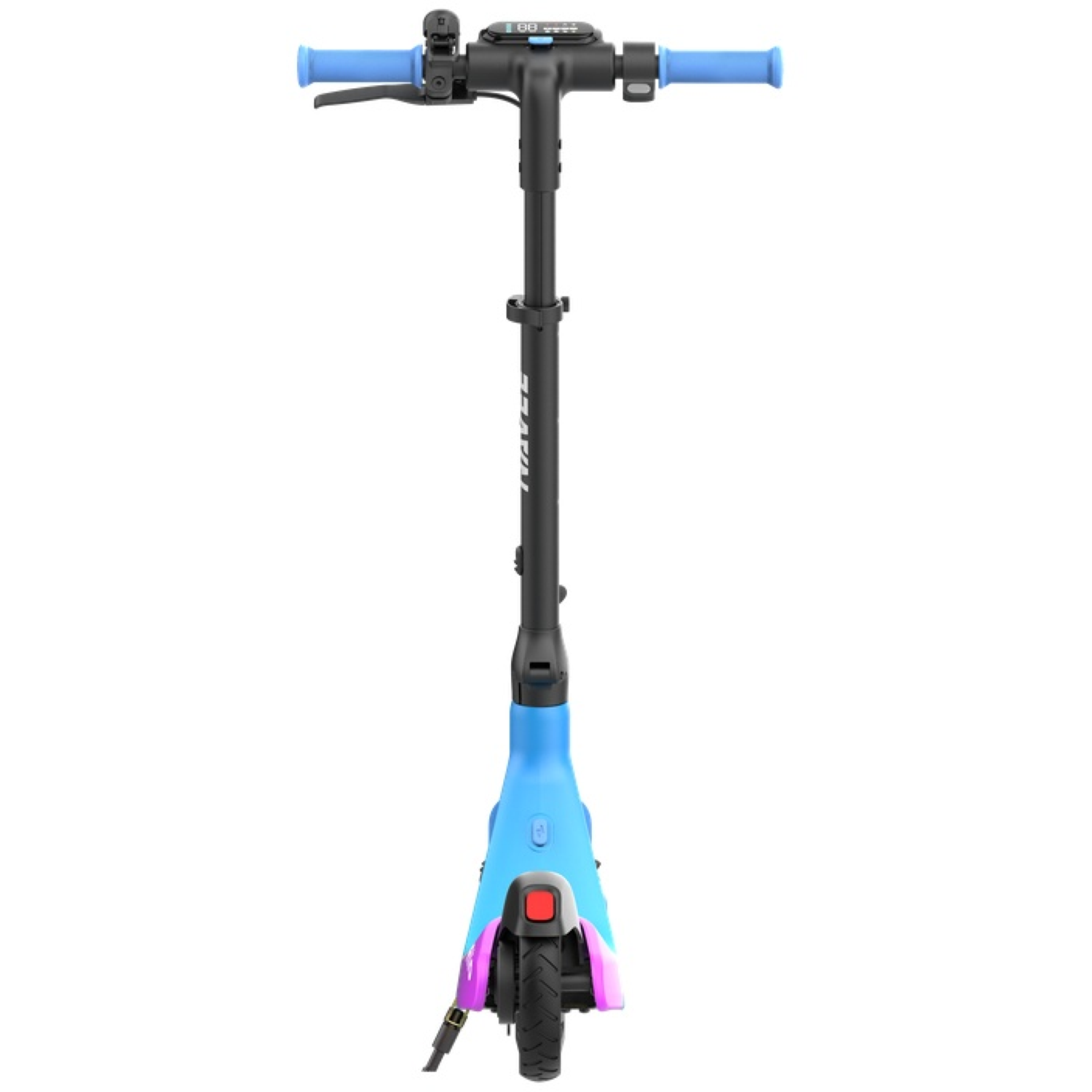 Une trottinette électrique avec des accents bleus. Elle a des guidons bleus, une tige noire et un corps bleu et noir. Les pneus sont noirs.