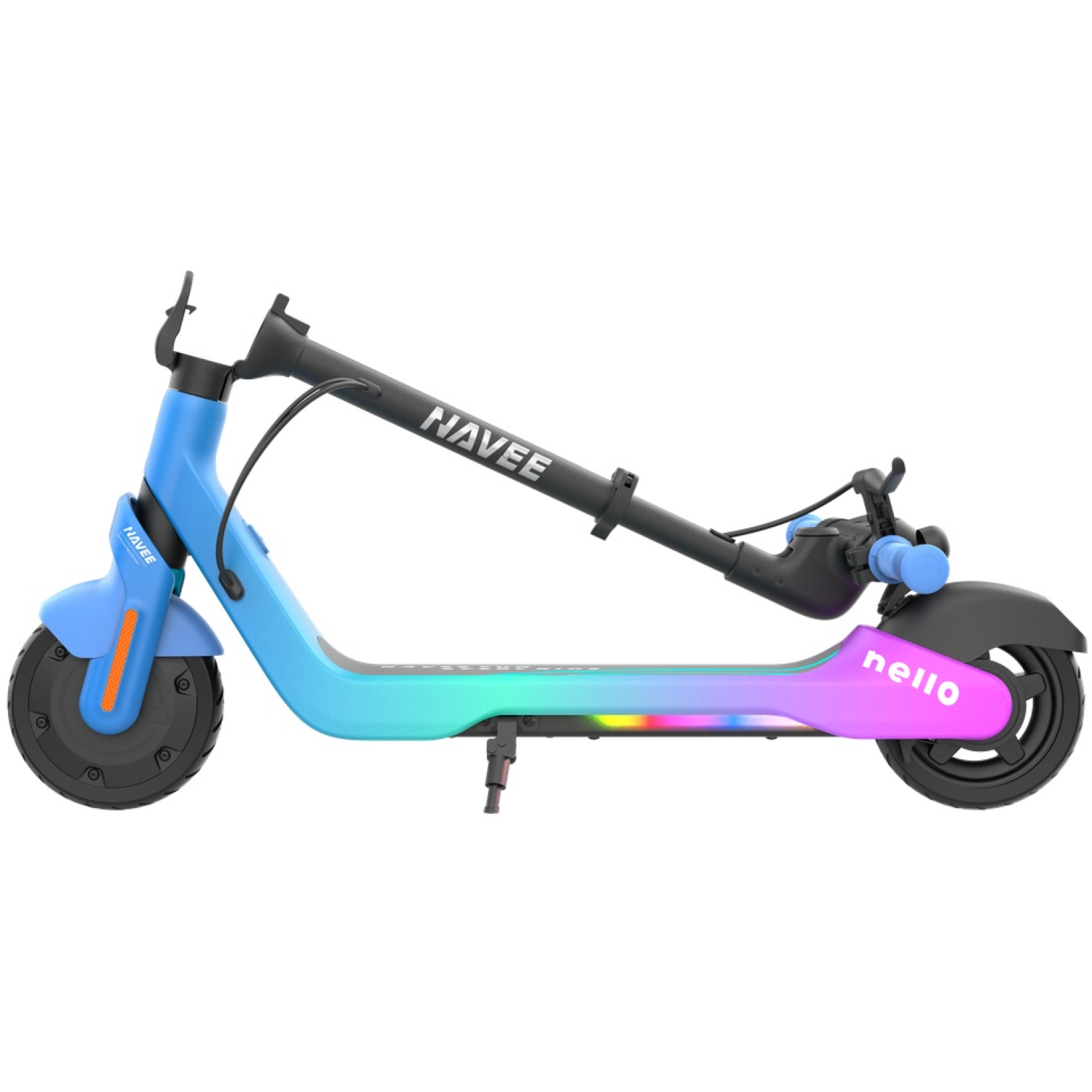 Une trottinette électrique bleue et dégradée avec un guidon et des roues noirs. La trottinette porte le mot "NAVEE".