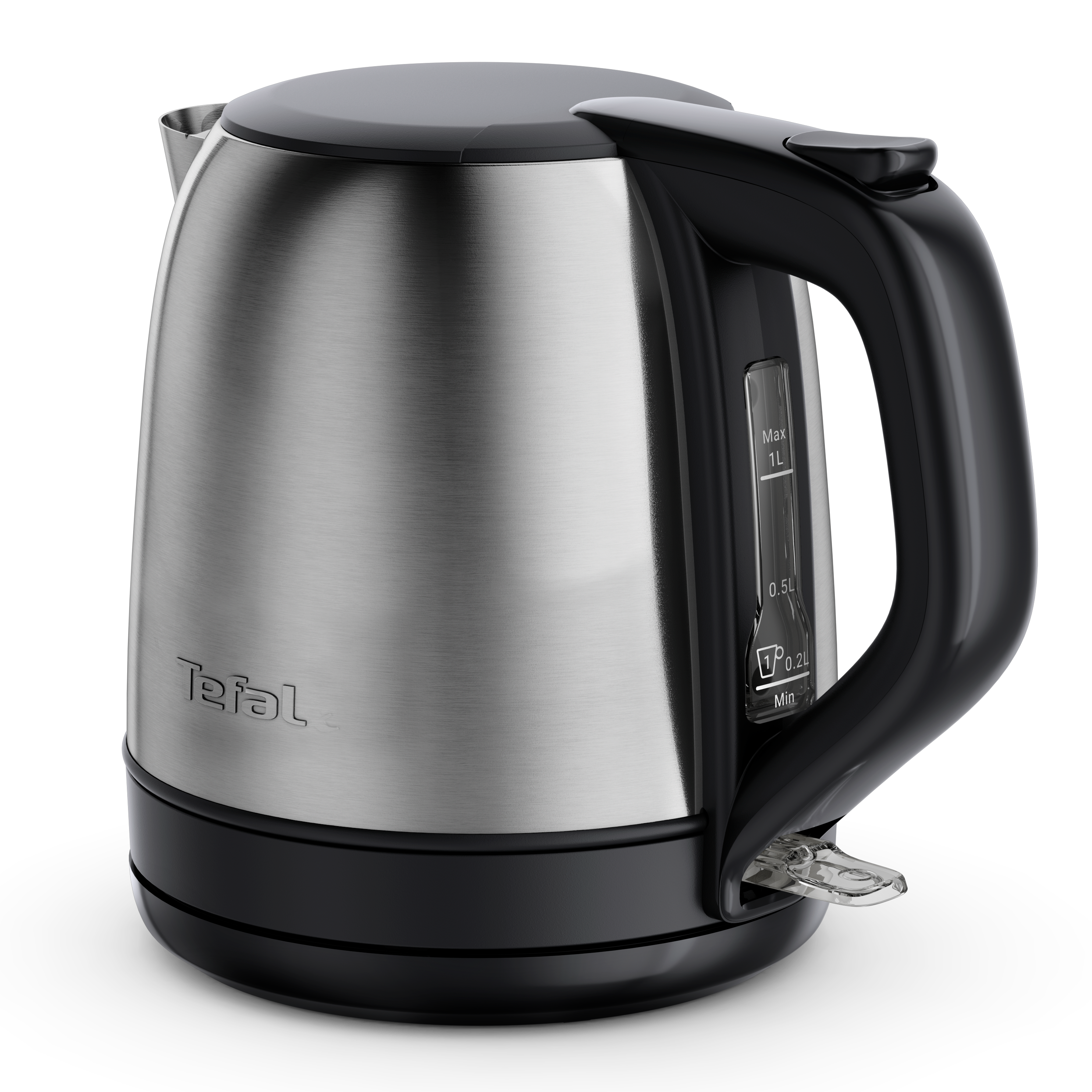 Ein Edelstahl-Tefal-Wasserkocher mit schwarzen Akzenten. Es hat einen Griff, eine Wasserstandsanzeige und einen schwarzen Sockel.