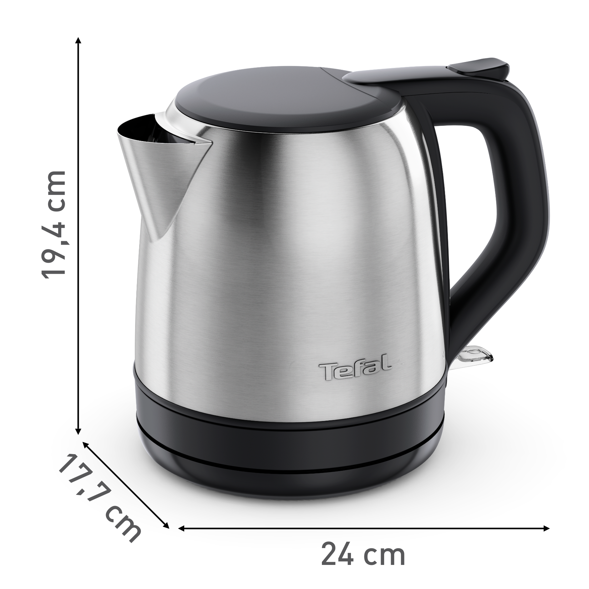 Ein elektrischer Wasserkocher von Tefal aus Edelstahl mit schwarzem Boden, Griff und Deckel. Abmessungen: 19,4 cm, 17,7 cm und 24 cm.