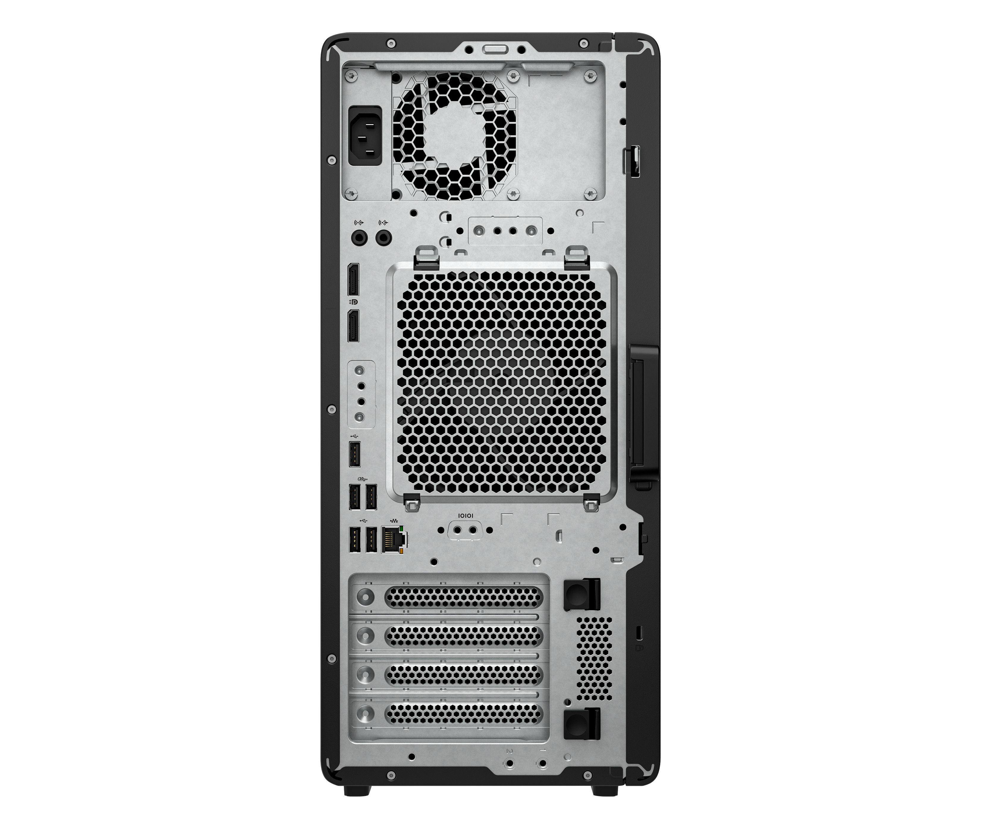Rückansicht eines Computergehäuses. Es zeigt den Lüfter, die Anschlüsse und die Lüftungsschlitze vor schwarzem Hintergrund.