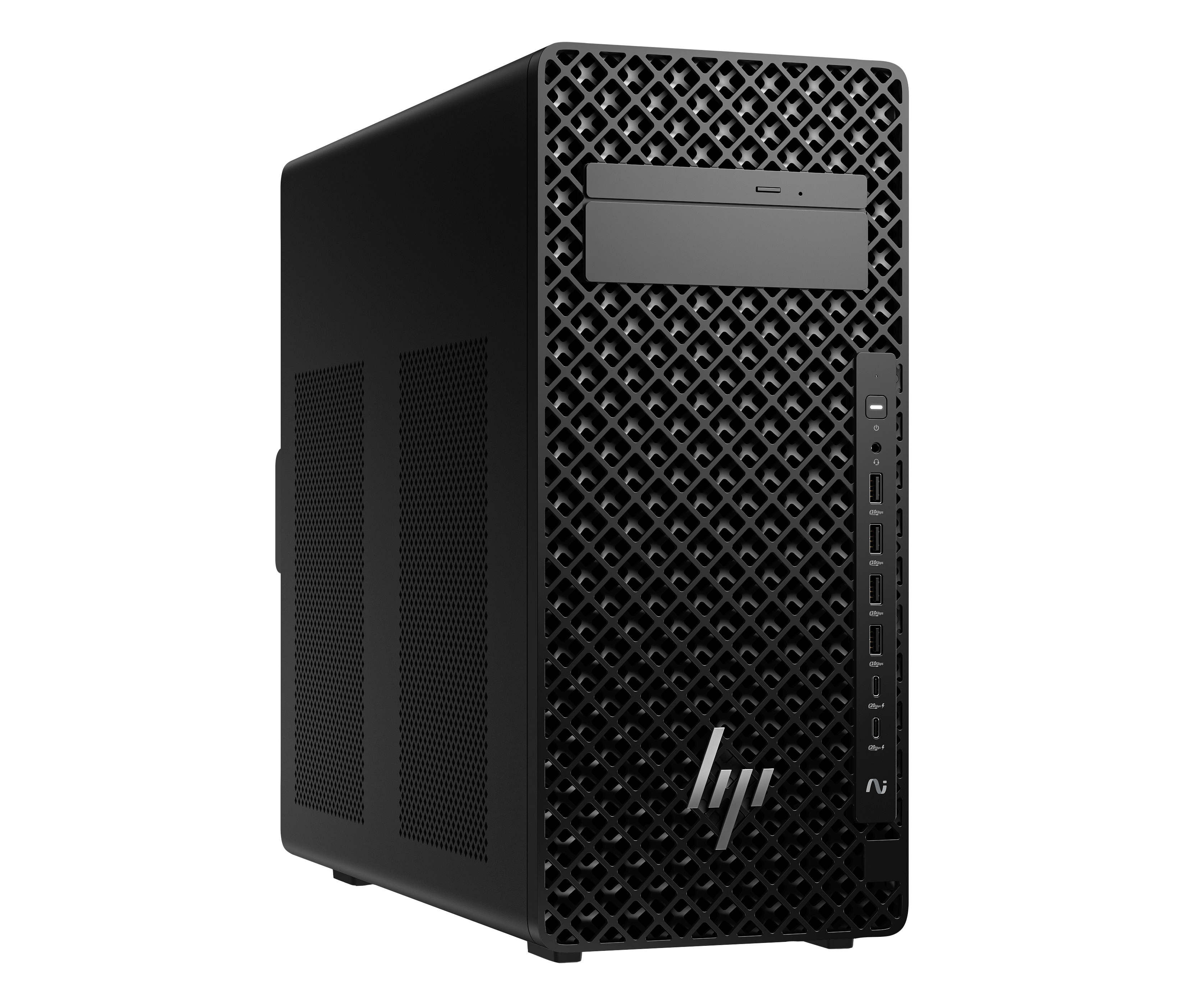Ein schwarzer Computerturm mit geometrischer Frontplatte und HP-Logo. Anschlüsse und Tasten sind sichtbar.