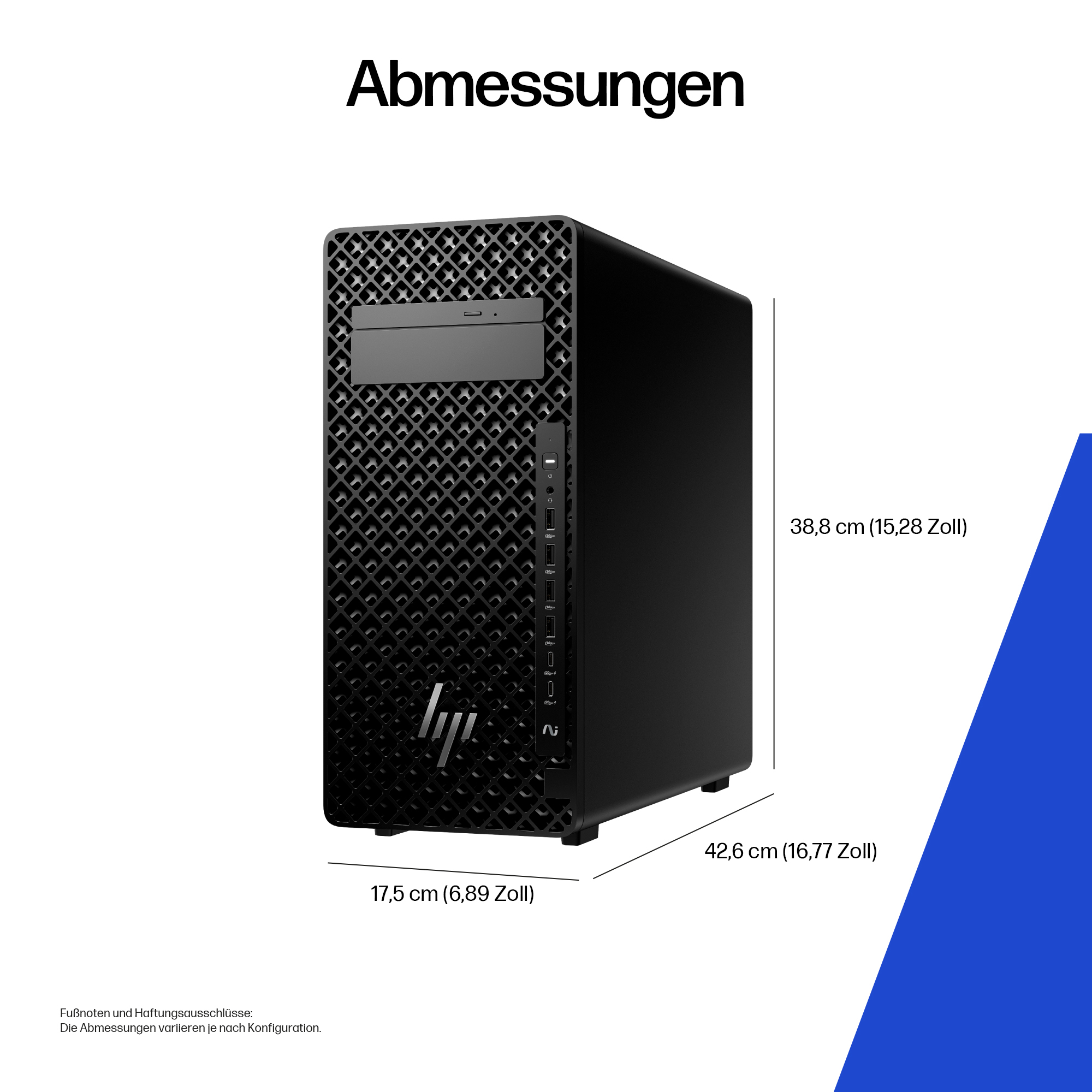 Ein schwarzes Computergehäuse mit Maßangaben. Das HP-Logo ist sichtbar. Text lautet 'Abmessungen'.