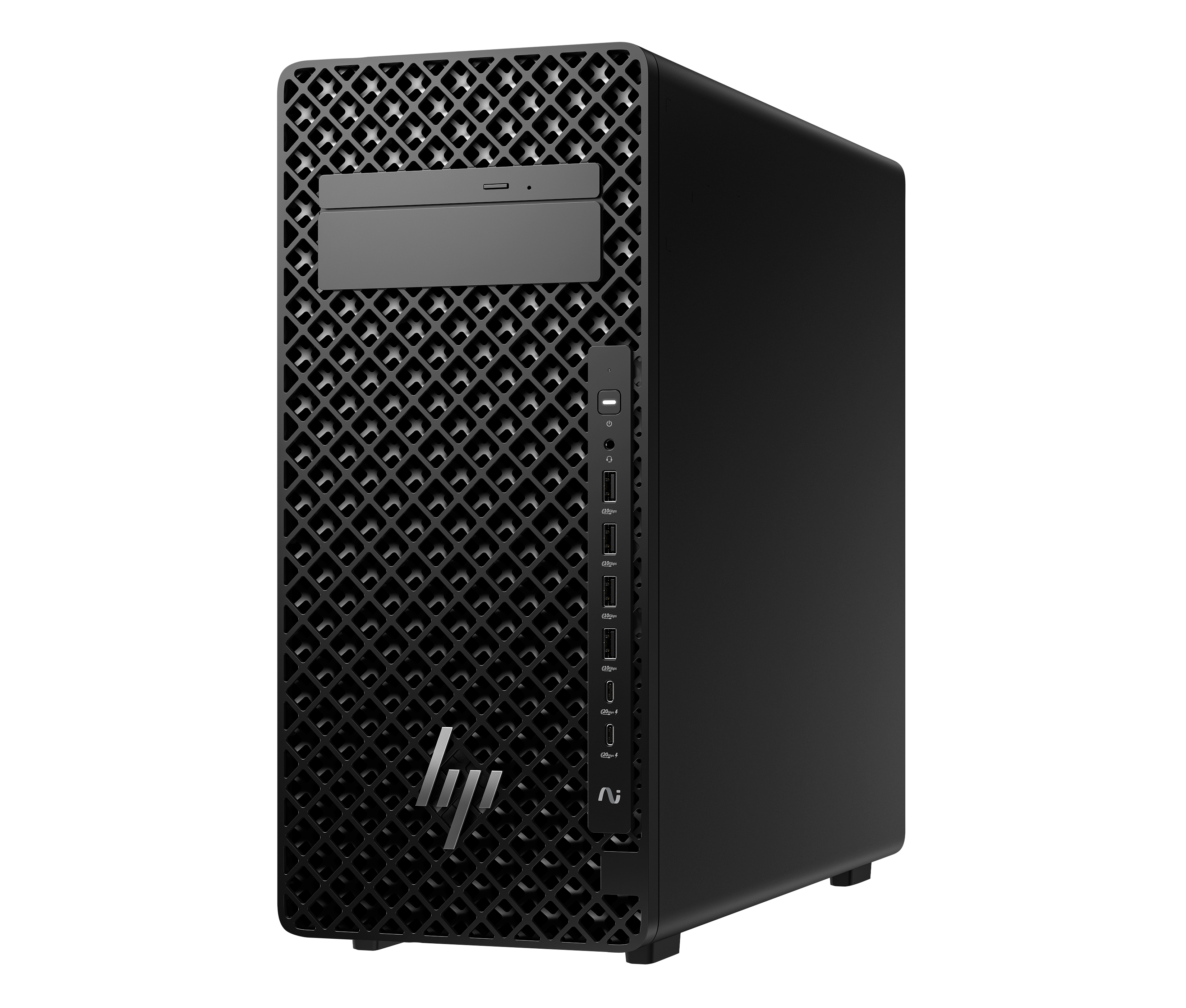 Schwarzer HP-Desktop-Computer mit strukturierter Frontplatte. Das HP-Logo ist sichtbar. Anschlüsse und Tasten befinden sich an der Seite.