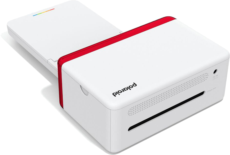 Weißer Polaroid-Drucker mit roten Akzenten. Obere Abdeckung geöffnet. Schwarzer Papierausgabeschlitz. Polaroid-Logo.