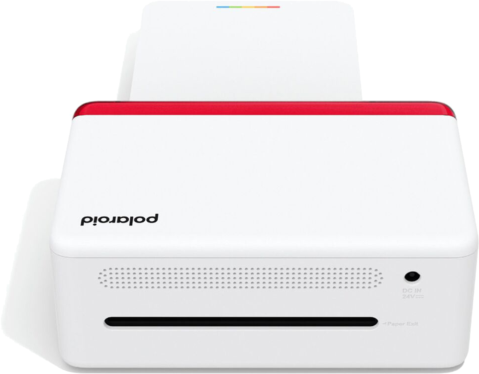 Ein weißer Polaroid-Drucker mit roter Oberseite. Papier kommt vorne heraus. Das Polaroid-Logo befindet sich vorne.