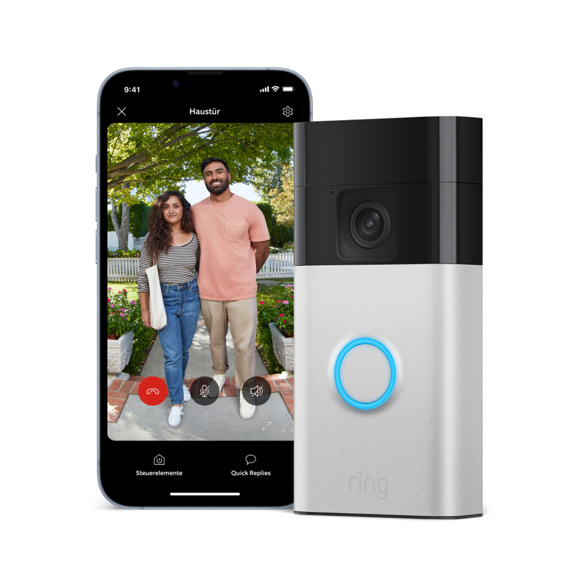 Ein Smartphone zeigt ein Paar in einem Videoanruf. Eine Ring-Türklingel befindet sich rechts. Das Paar steht auf einem Weg.
