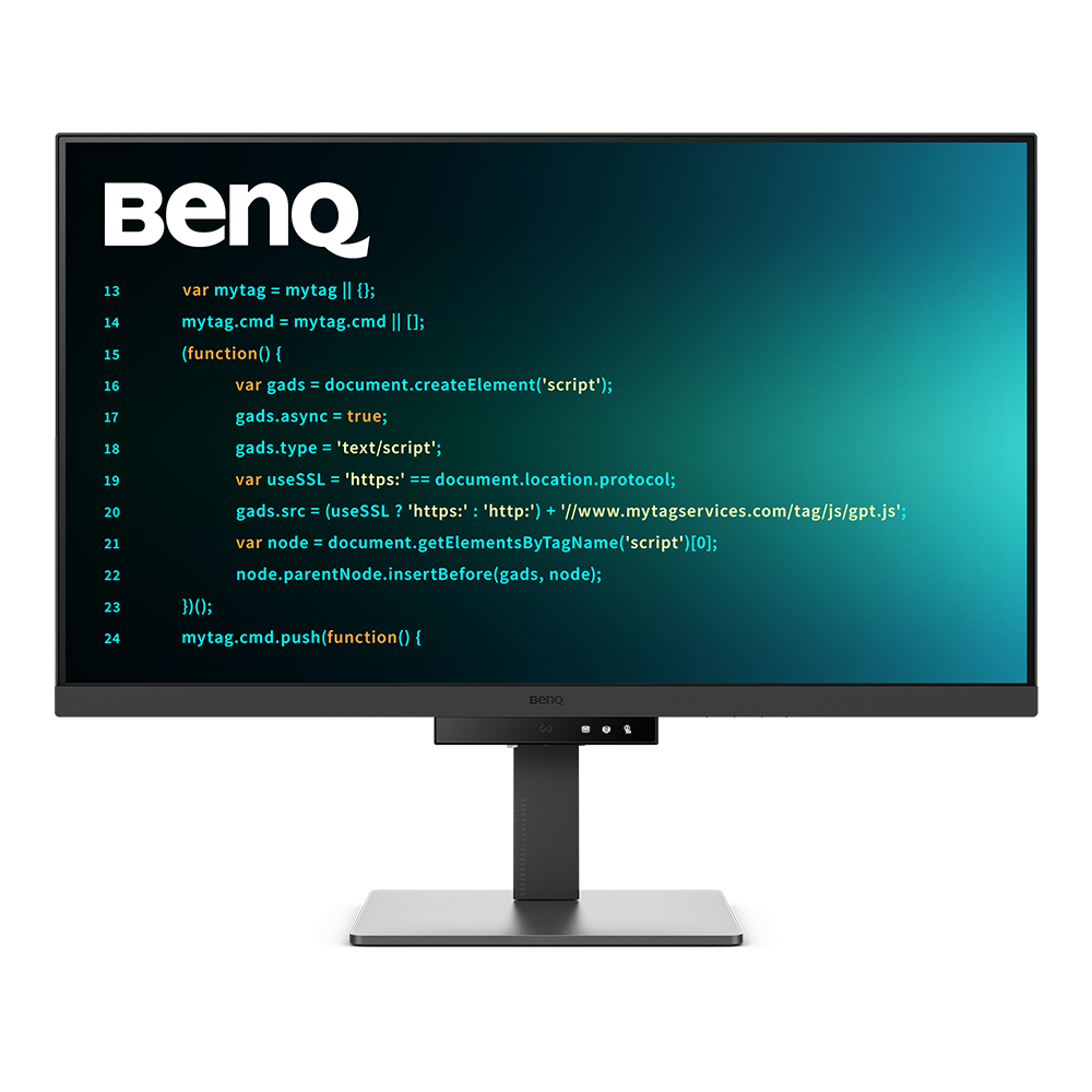 Bir BenQ monitör kodu görüntülüyor. Ekran mavi-yeşil bir degradeye sahip. Monitör, siyah bir stand ile beyaz bir masanın üzerinde duruyor.