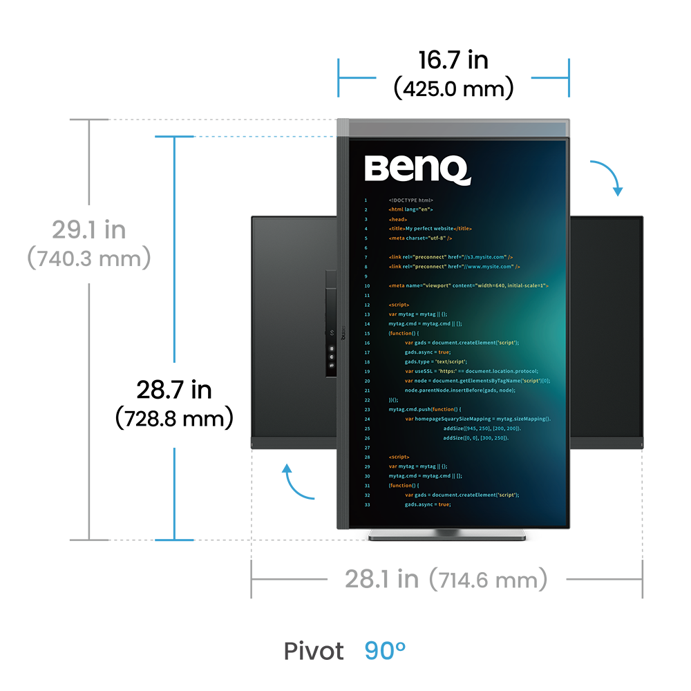 Bir BenQ ekranı HTML kodu görüntüler. Kod, komut dosyası etiketleri ve meta etiketler içerir. Arka plan, degrade ile koyudur.