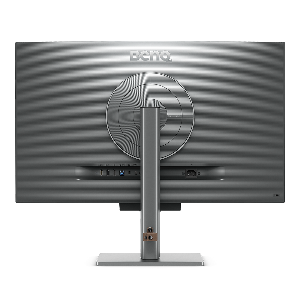 Gümüş bir bilgisayar monitörünün arkadan görünümü. Bağlantı noktaları ve bir standı var. BenQ logosu üstte.